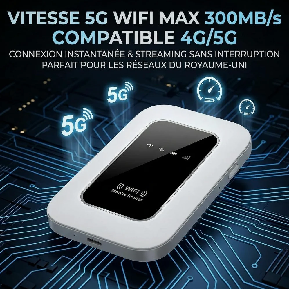 Routeur 5G Portable WiFi 6 Débloqué Carte SIM, 300Mbps, Toute l'europe | Slot SIM débloqué,Haut débit 5G/4G+,Toute l'Europe,28 appareils,WPA3 sécurisé,2100mAh,12h autonomie,voyages et télétravail
