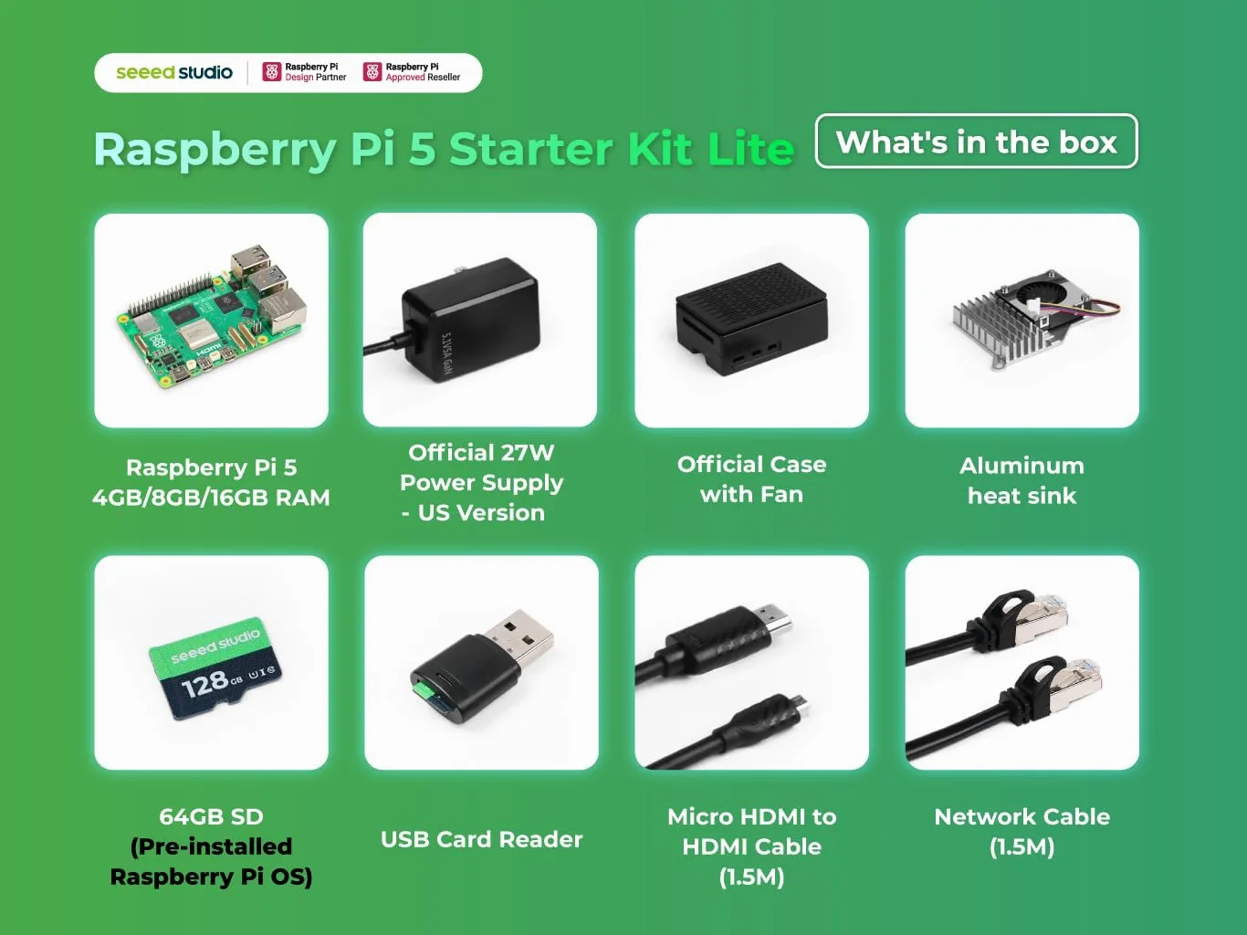 Seeed Studio Raspberry Pi 5 Kit de démarrage – 16 Go de RAM, carte micro SD 64 Go pré-chargée, système d'exploitation 64 bits, alimentation de type C, boîtier de refroidissement actif pour Edge AI