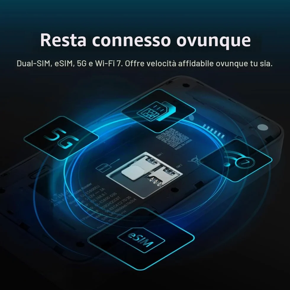 GL.iNet GL-E5800 EU MUDI 7 Routeur de Voyage 5G Wi-FI 7 tri-Bande avec eSIM & GL.iNet Slate 7 Pro (GL-BE10000) Routeur de voyage Wi-Fi 7 tri-bande – 6 GHz 5,7 Gbit/s, MLO, écran tactile 2,8", VPN Wire