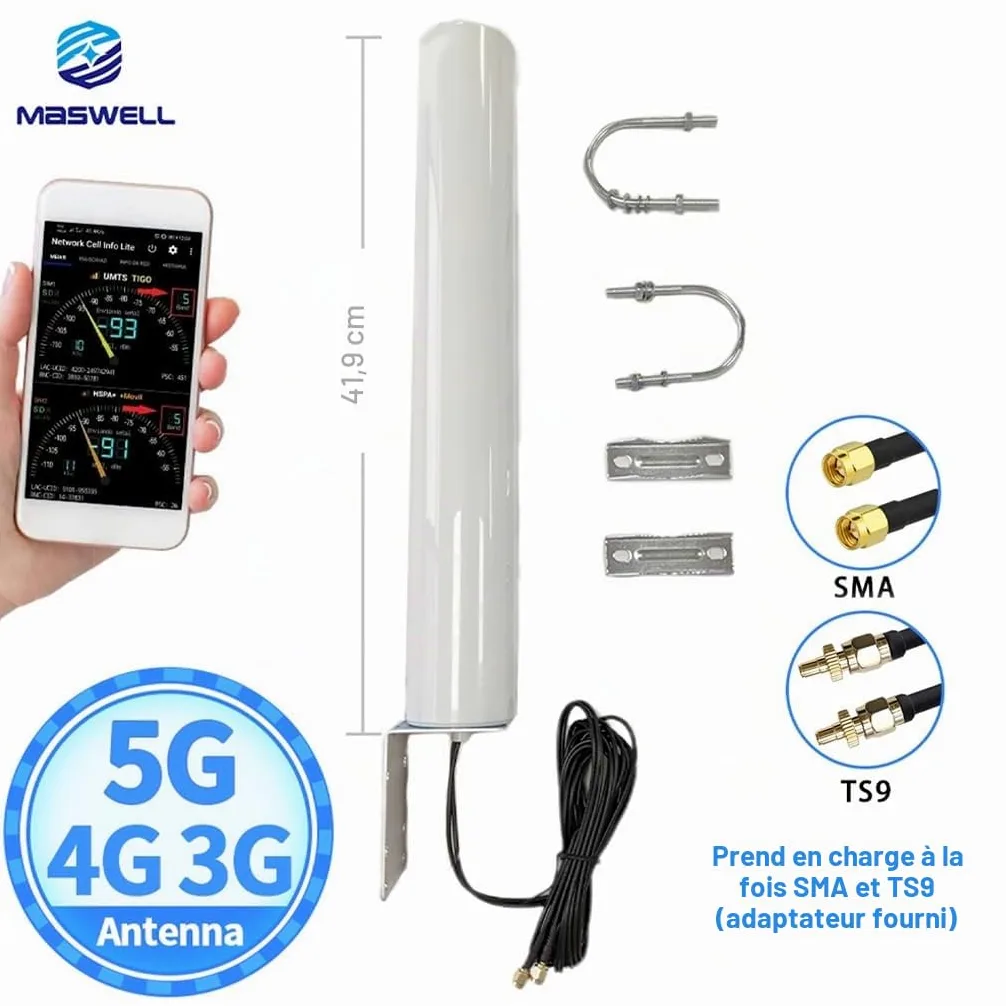 Maswell Antenne Externe 4G 5G, 2X2 MIMO 700-6000MHz, jusqu'à 4,5 dBi LTE 5G NR 5GA, Antenne Externe avec Connecteur SMA et Adaptateurs TS9 RP-SMA