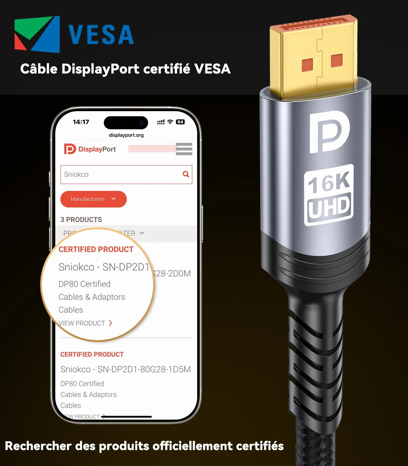 Sniokco DisplayPort 2.1 Cable 80Gbps 1.5M VESA Certified 16K@60Hz 8K@240Hz 4K@540Hz