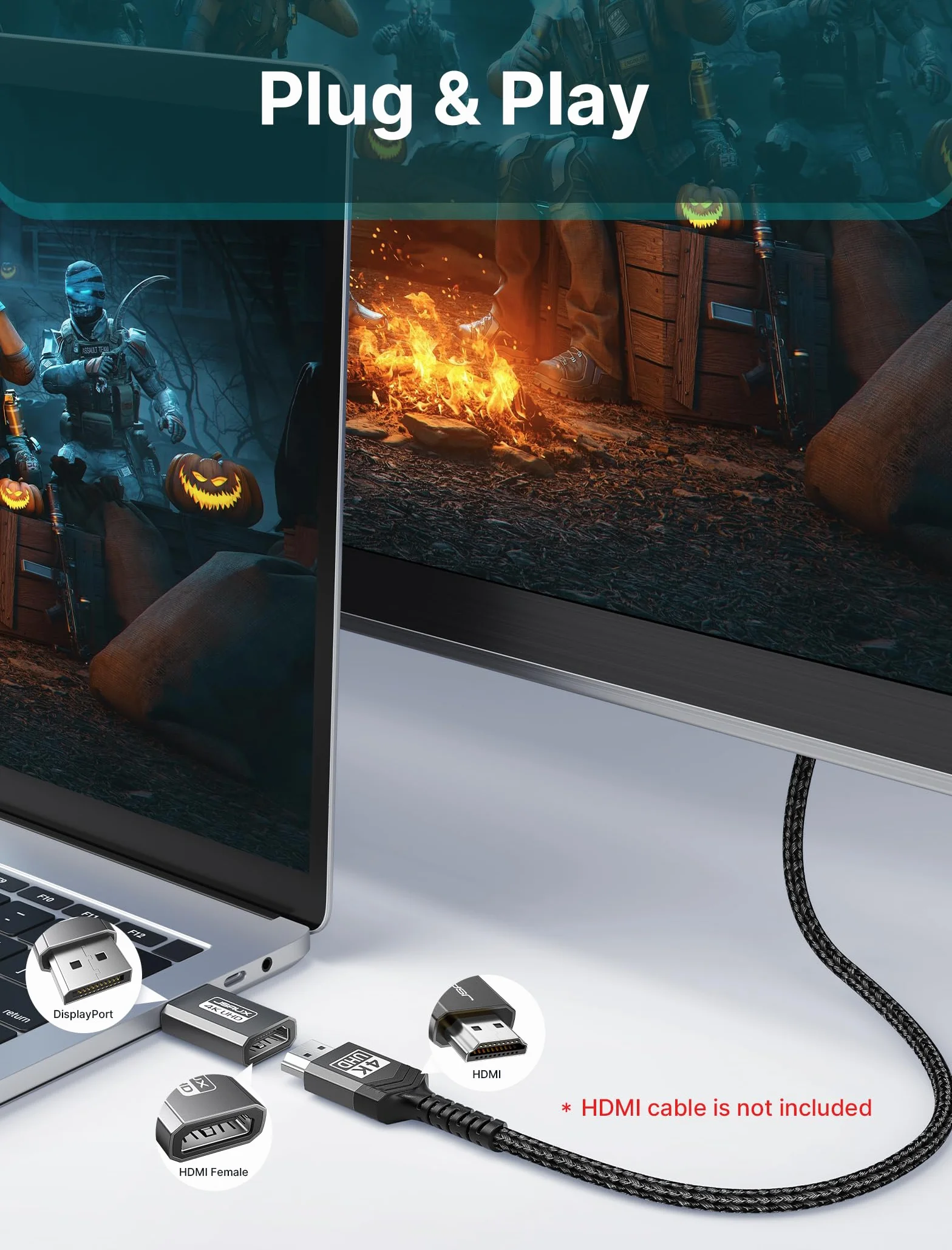 JSAUX Lot de 2 Adaptateurs DisplayPort vers HDMI 4K@30Hz, Convertisseur DP Mâle vers HDMI Femelle