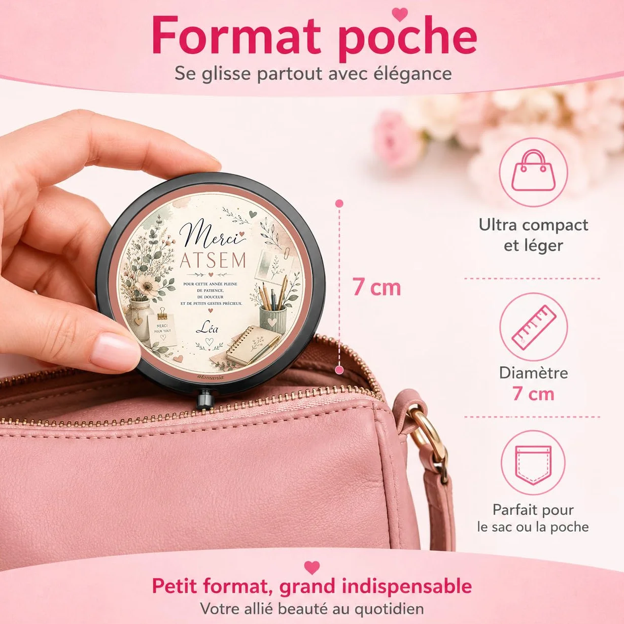Miroir de Poche Personnalisé ATSEM Cadeau Fin d'Année Scolaire avec Prénom