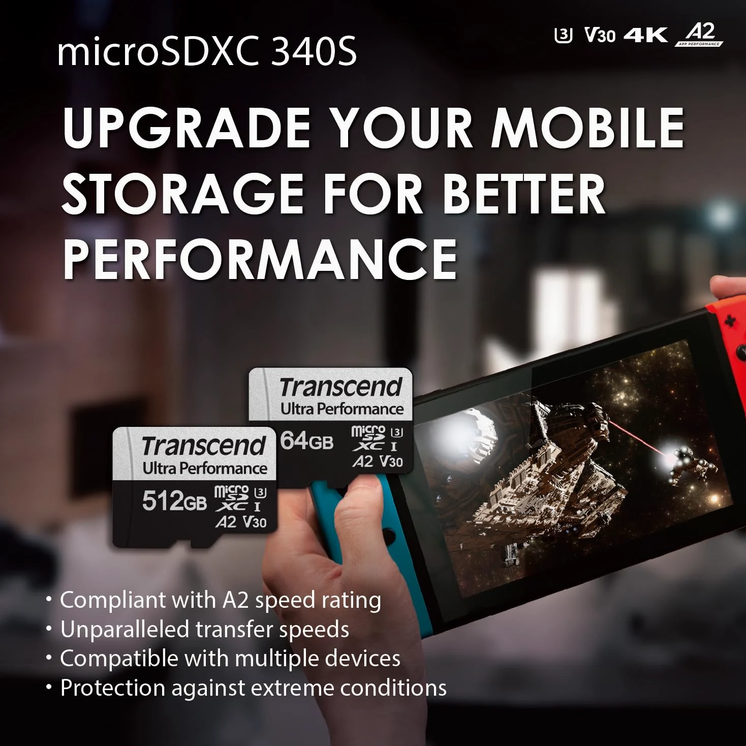 Transcend USD340S Carte mémoire microSDXC U3 V30 A2 avec Adaptateur, Vitesse jusqu'à 160/125 Mo/s pour Nintendo Switch, Steam Deck, Tablette et Smartphone TS512GUSD340S 512 Go