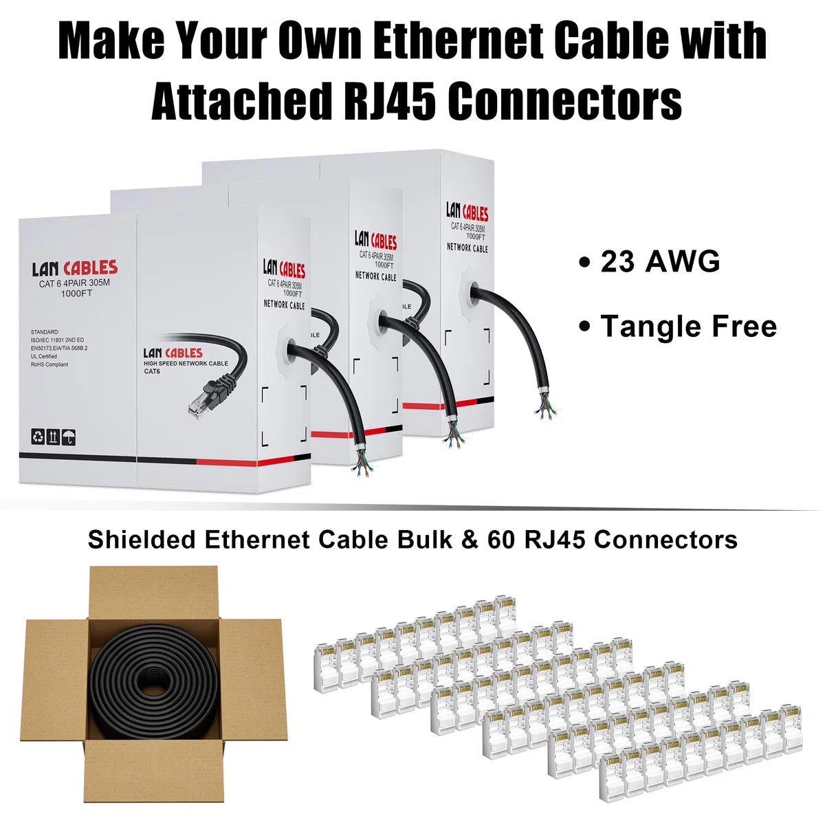 MEIPEK Câble Ethernet Cat 6 de 304,8 m d'extérieur (60 RJ45), FTP blindé Cat 6 en vrac, 23 AWG, très résistant, à enfouissement direct, imperméable, résistant aux UV, pour routeur, PC, jeux, CCA