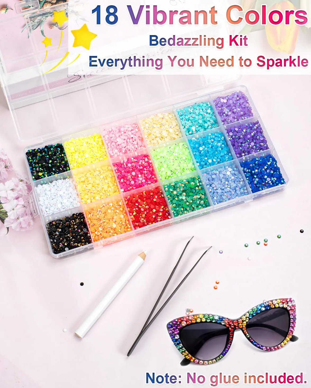 Kit de 18 couleurs 22 000 strass à dos plat 3 mm avec stylo pour nail art, vêtements, chaussures