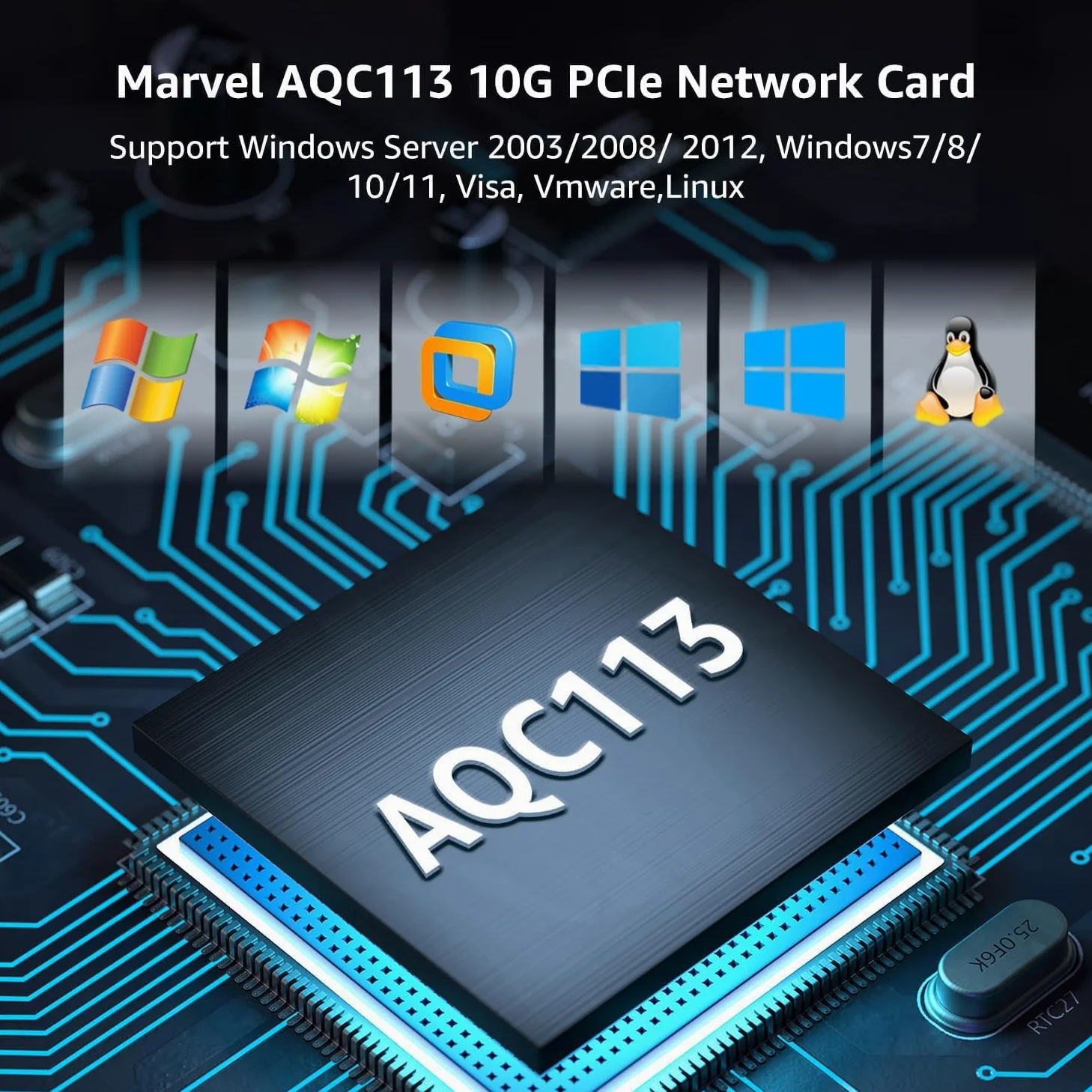 Fenvi Carte réseau PCIe 10G avec contrôleur Marvell AQC113, adaptateur Ethernet 10G Base-T, carte réseau RJ45 compatible avec Windows 10/11, Linux