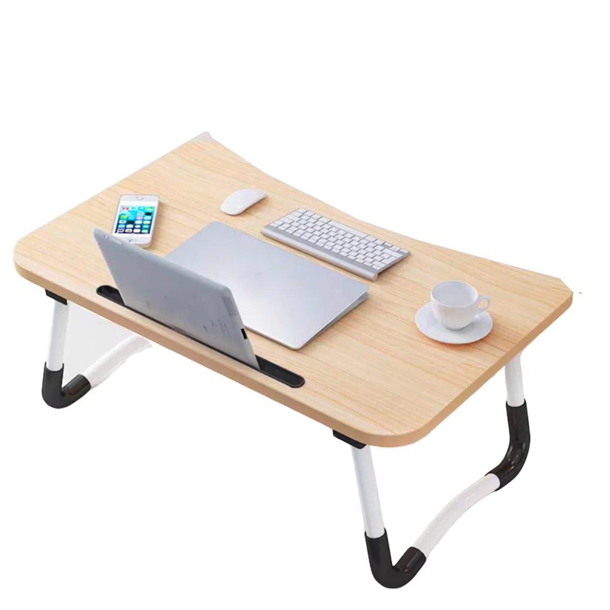 Plateau de lit portable pliable pour ordinateur portable – Bureau réglable avec porte-gobelet pour canapé et lit – Noyer léger H Idéal pour la maison et le bureau