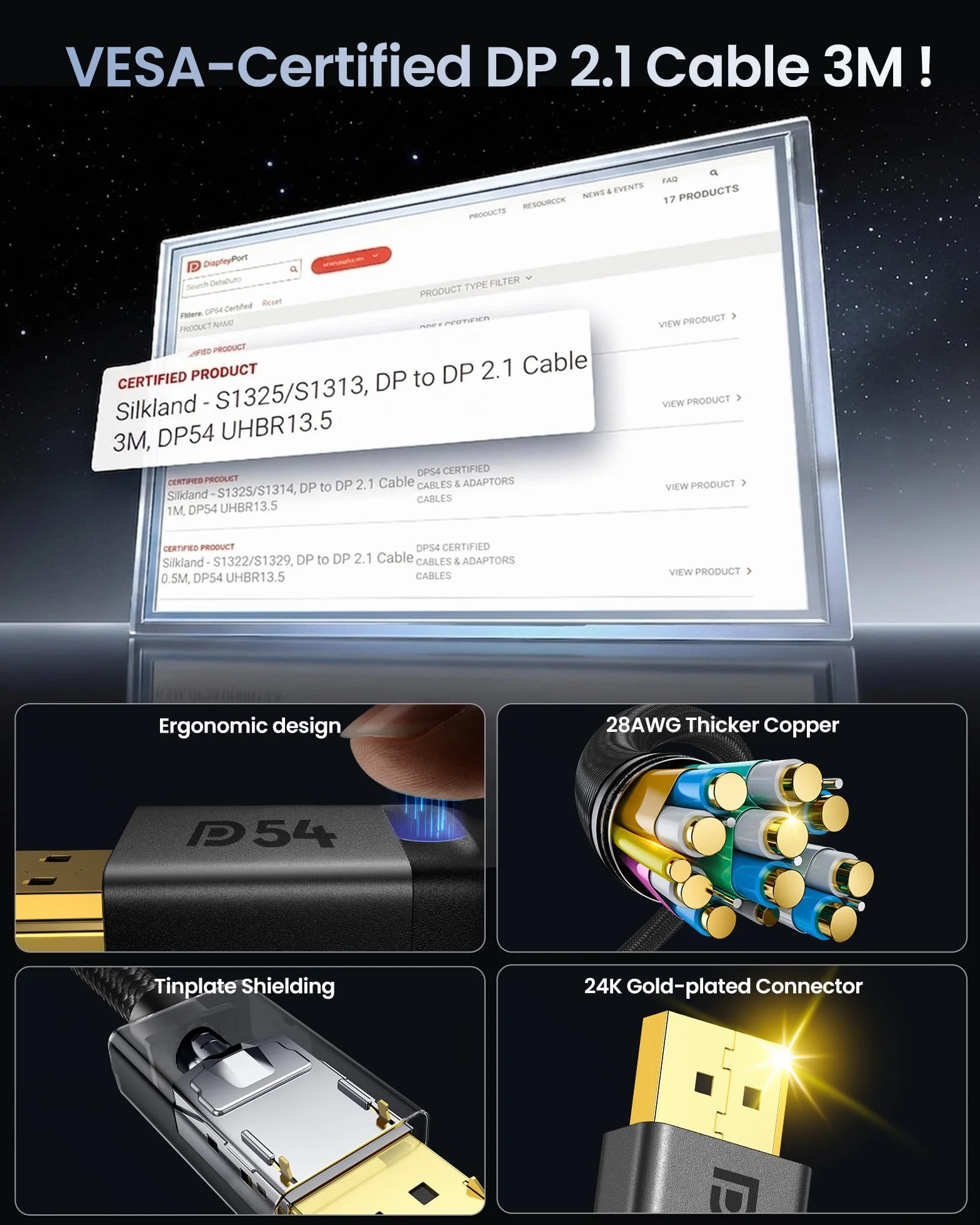 Silkland 16K Câble DisplayPort 2.1 2m Certifié VESA 8K@120Hz 4K@240Hz HDR FreeSync G-Sync Tressé DP pour RTX 5090/4090
