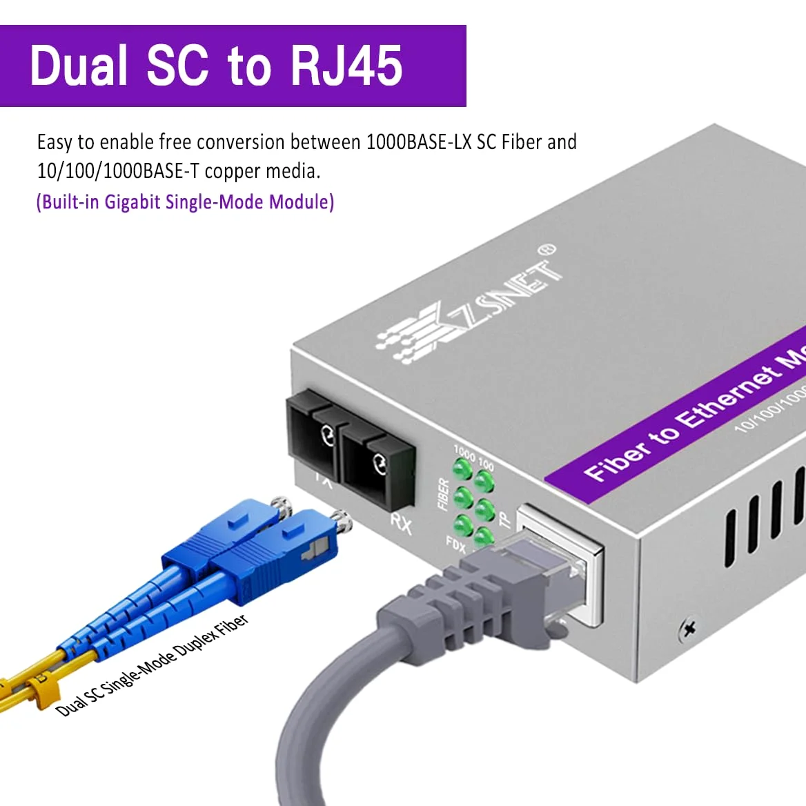 Une paire de convertisseurs Gigabit SC vers RJ45, convertisseur de média fibre vers Ethernet monomode (module intégré, 1310 nm, 20 km), Plug & Play, compatible 10/100/1000 BASE-T,