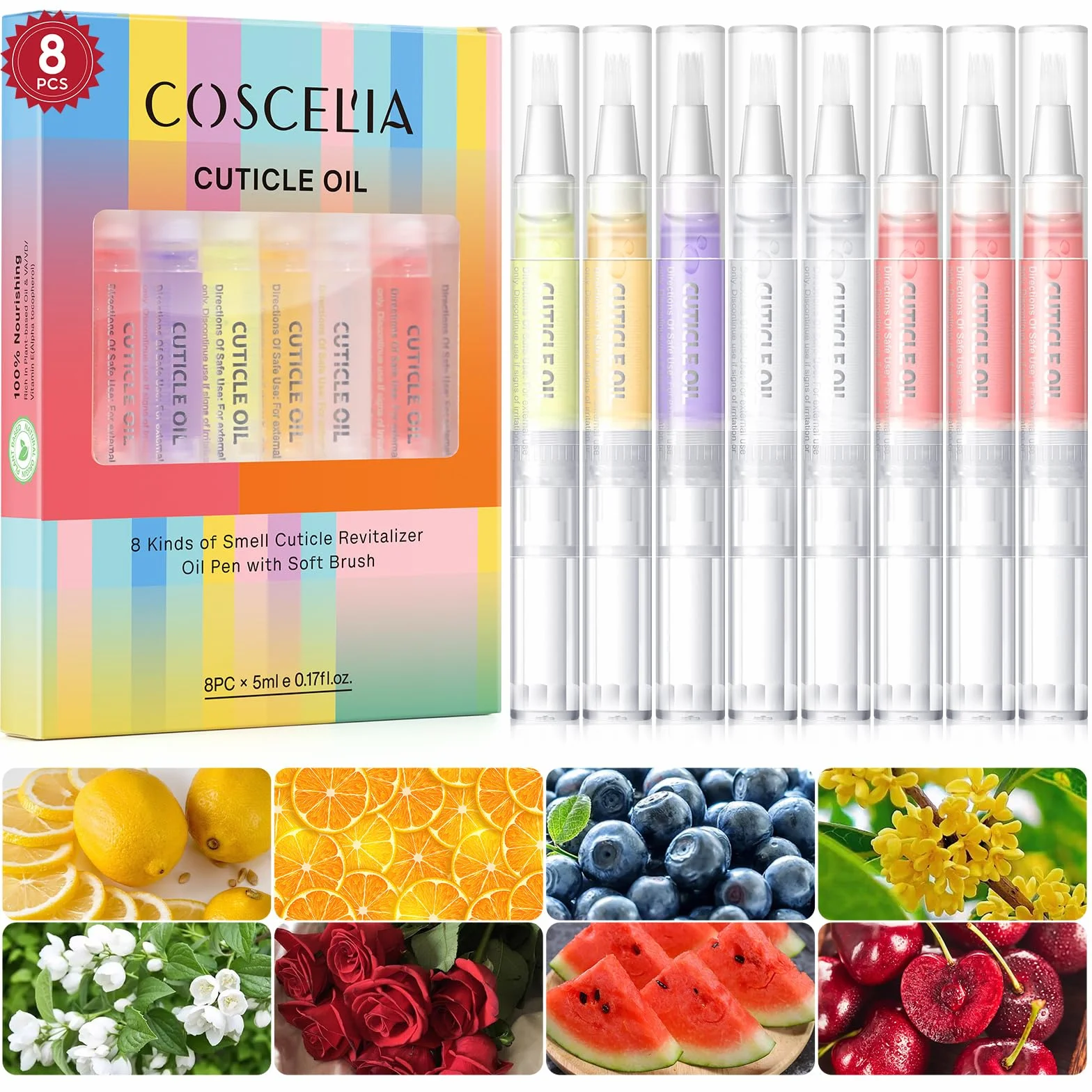 Coscelia Huile Cuticules Ongles Kit 8 Pièces Stylos à Huile pour Cuticules Réparer Fissures