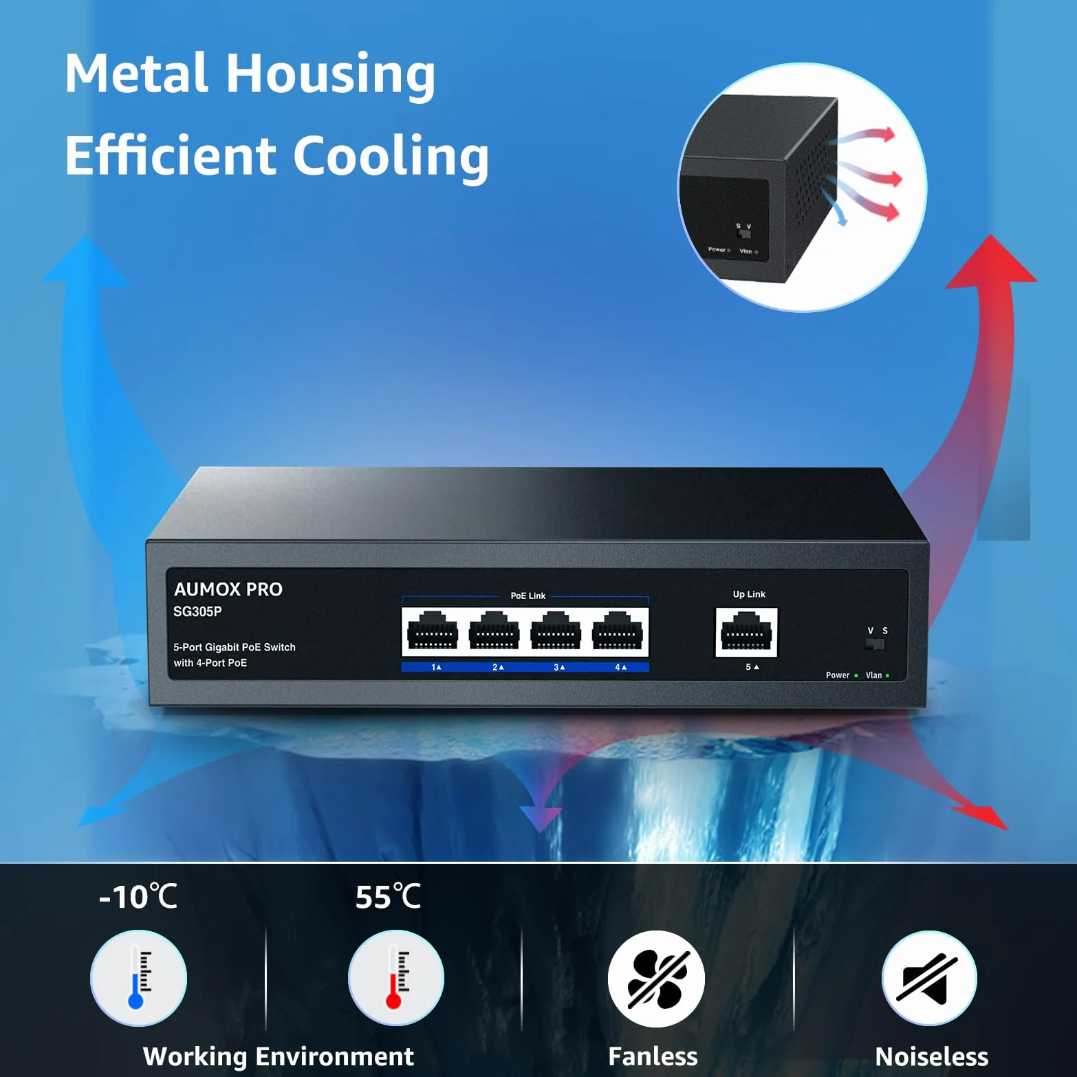 SG305P Commutateur PoE Gigabit Ethernet 5 ports non géré avec 1 port Gigabit montant 78 W, Plug and Play, commutateur réseau VLAN en métal robuste sans ventilateur 802.3af/at, montage mural