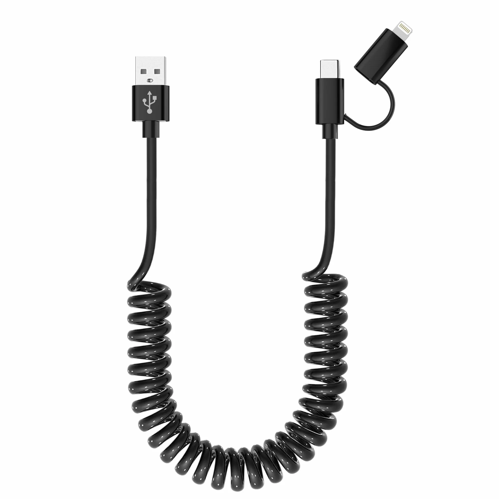 Câble Spirale Voiture 2 en 1 USB vers USB-C et Lightning pour Apple CarPlay et Android Auto, Charge Rapide 3A et Transmission de Données pour iPhone 17/16/15/14/13/12/11/Galaxy/Android