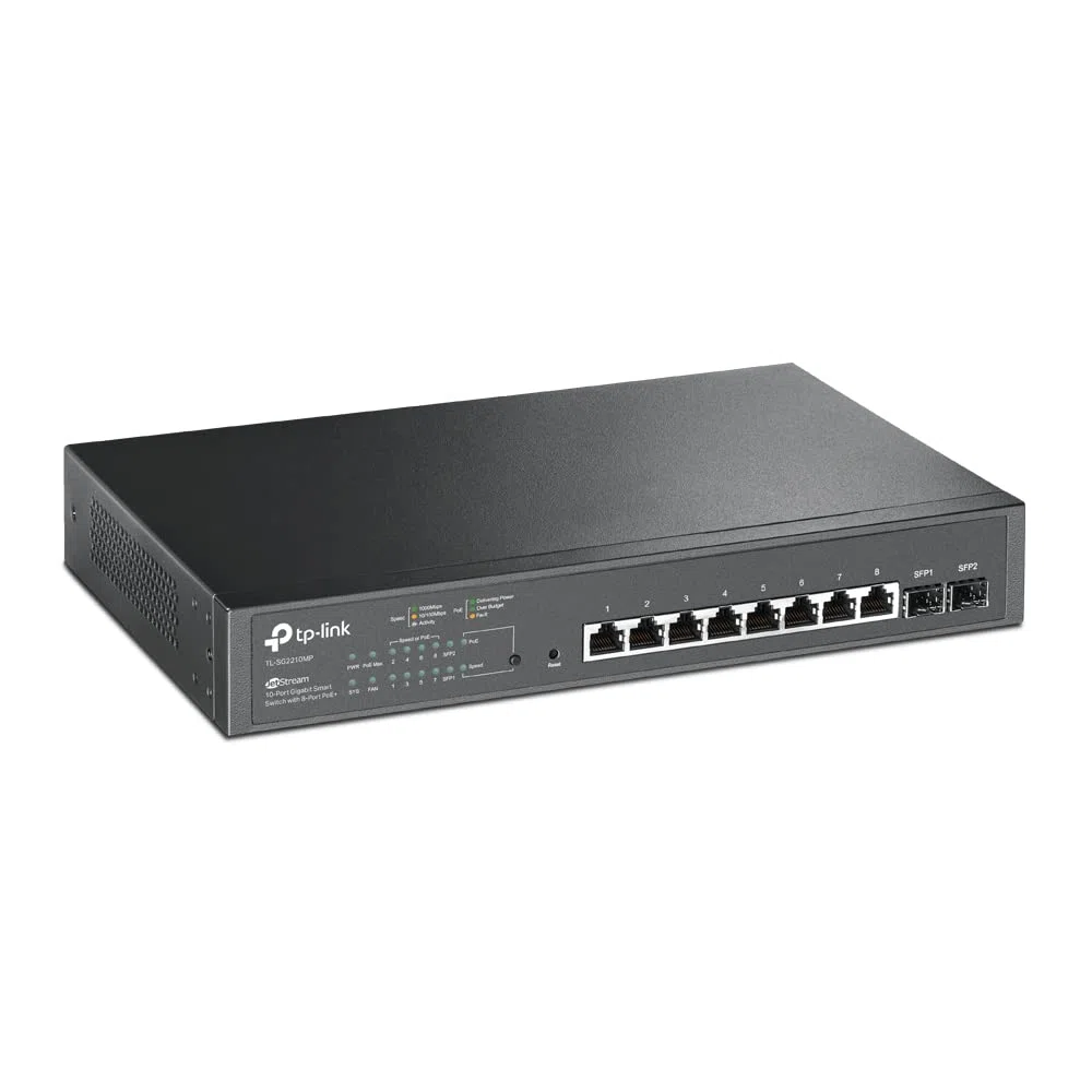 TP-Link TL-SG2210MP JetStream 10-Port Gigabit Smart Switch with 8-Port PoE+, 2 SFP slots (150 W, Rackmount), Black