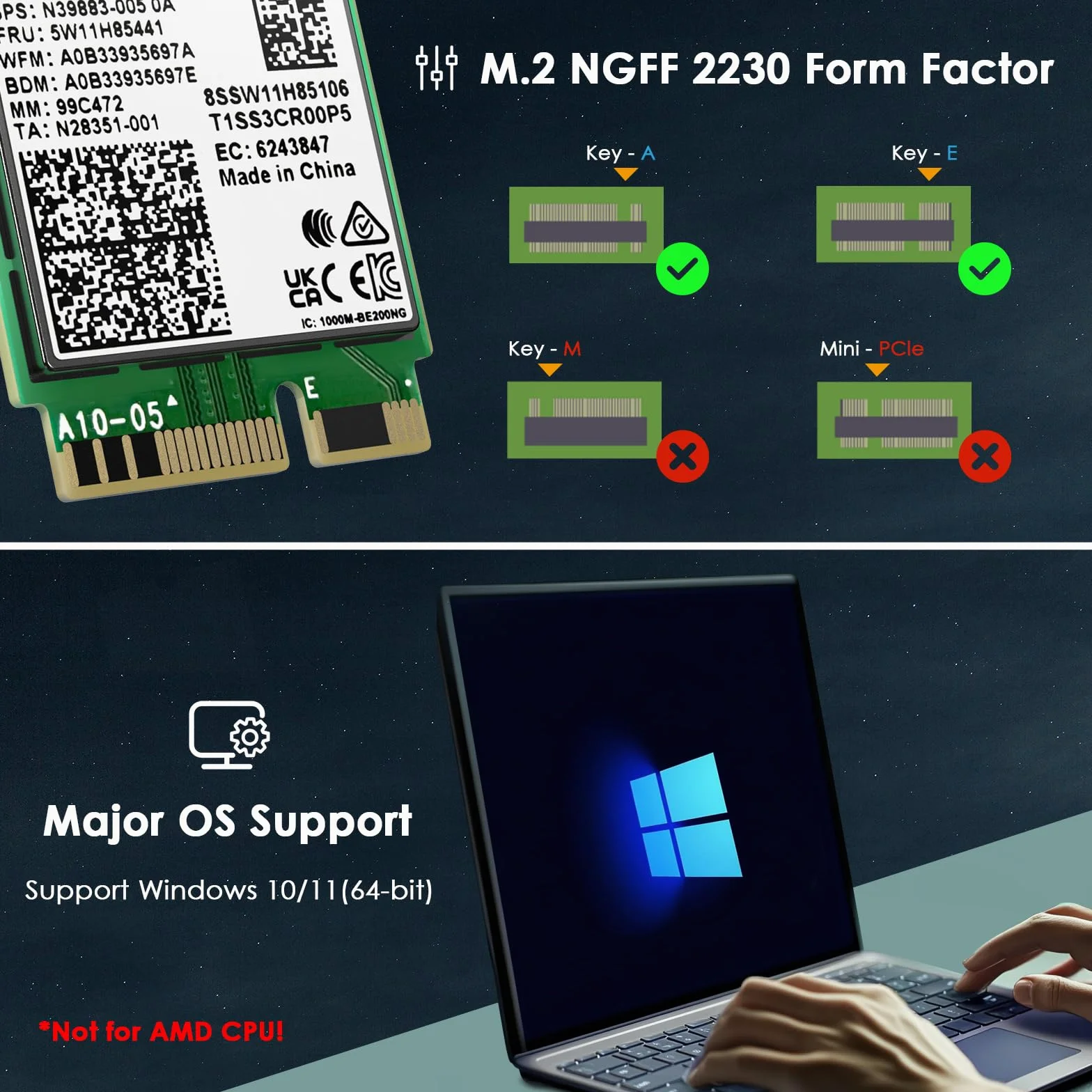 WAVLINK WiFi 7 Carte WiFi, 8774Mbps Tri-Band BE200 M.2 NGFF Network Module with Bluetooth 5.4, MU-MIMO, WPA3, Support Windows 10/11(64-bit) Laptop, Non Disponible pour Les Cartes mères AMD