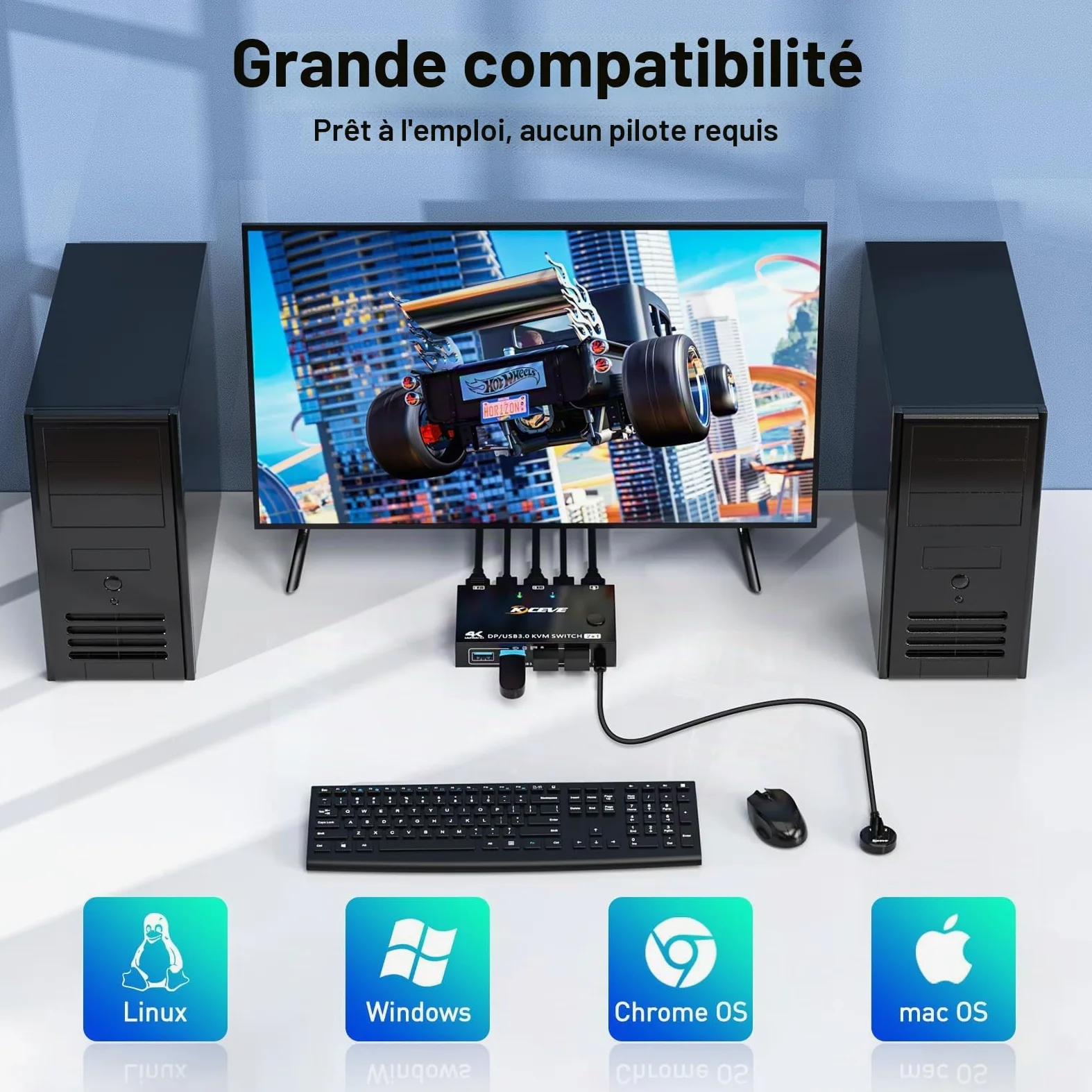 Commutateur KVM USB 3.0 Displayport 2 ports 8K à 30 Hz 4K à 144 Hz, commutateur KVM 2 PC 1 moniteur prenant en charge DP1.4 compatible avec D1.2, avec 4 ports USB 3.0 pour claviers et souris, etc.