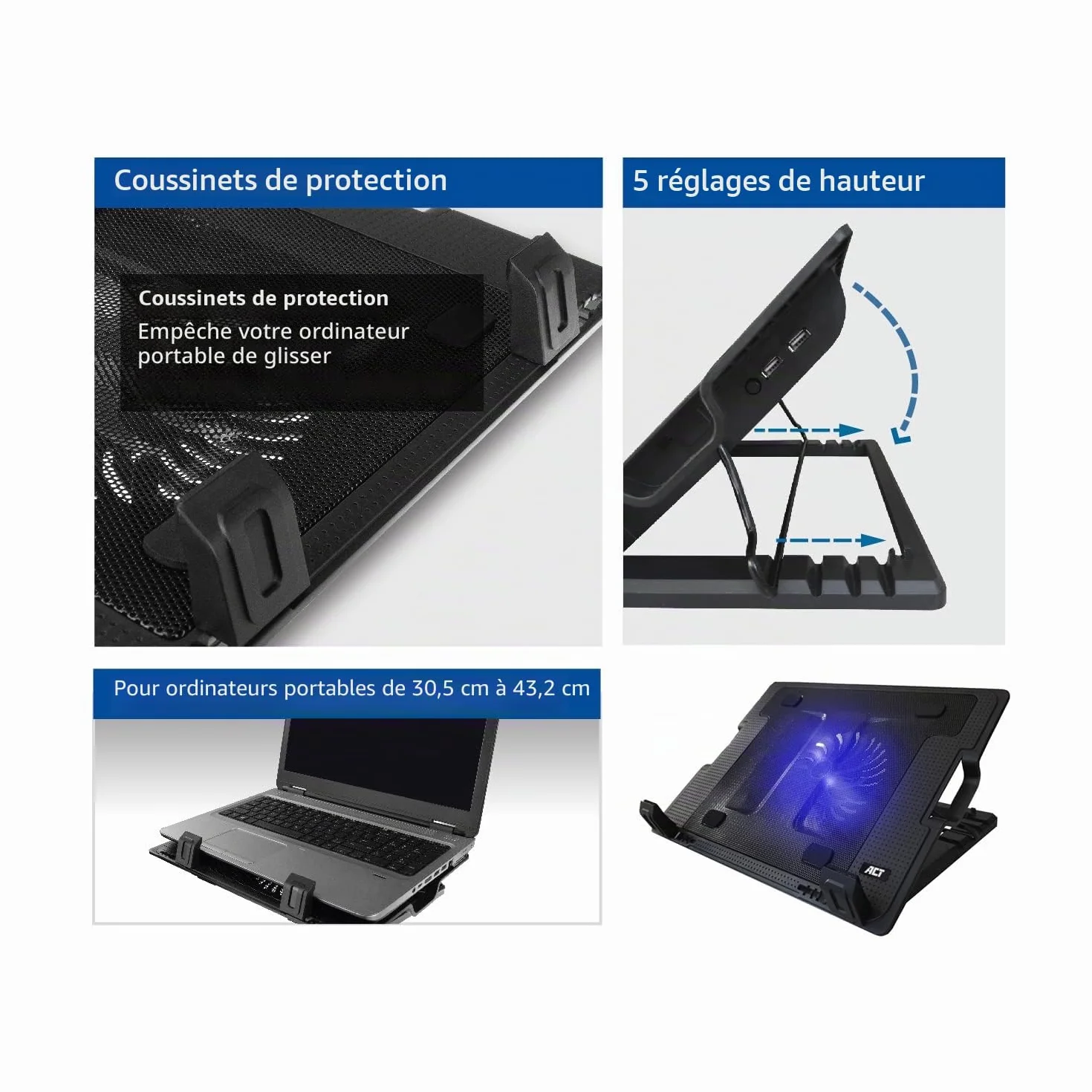 ACT Support Refroidissement Ordinateur Portable 17" Hauteur Réglable 5 Positions Ventilateur Silencieux USB AC8110