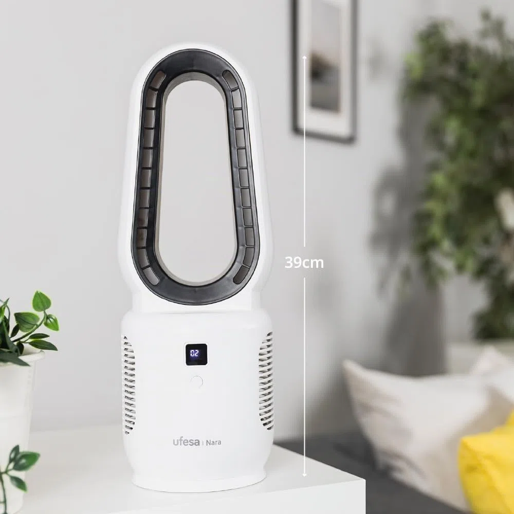 Ufesa Ventilateur de Table Sans Hélices Nara, Rechargeable, 10W, USB-C, 3 Vitesses, Écran LED, Batterie 2200 mAh, Utilisation avec ou sans Câble, Recharge Rapide, Compact