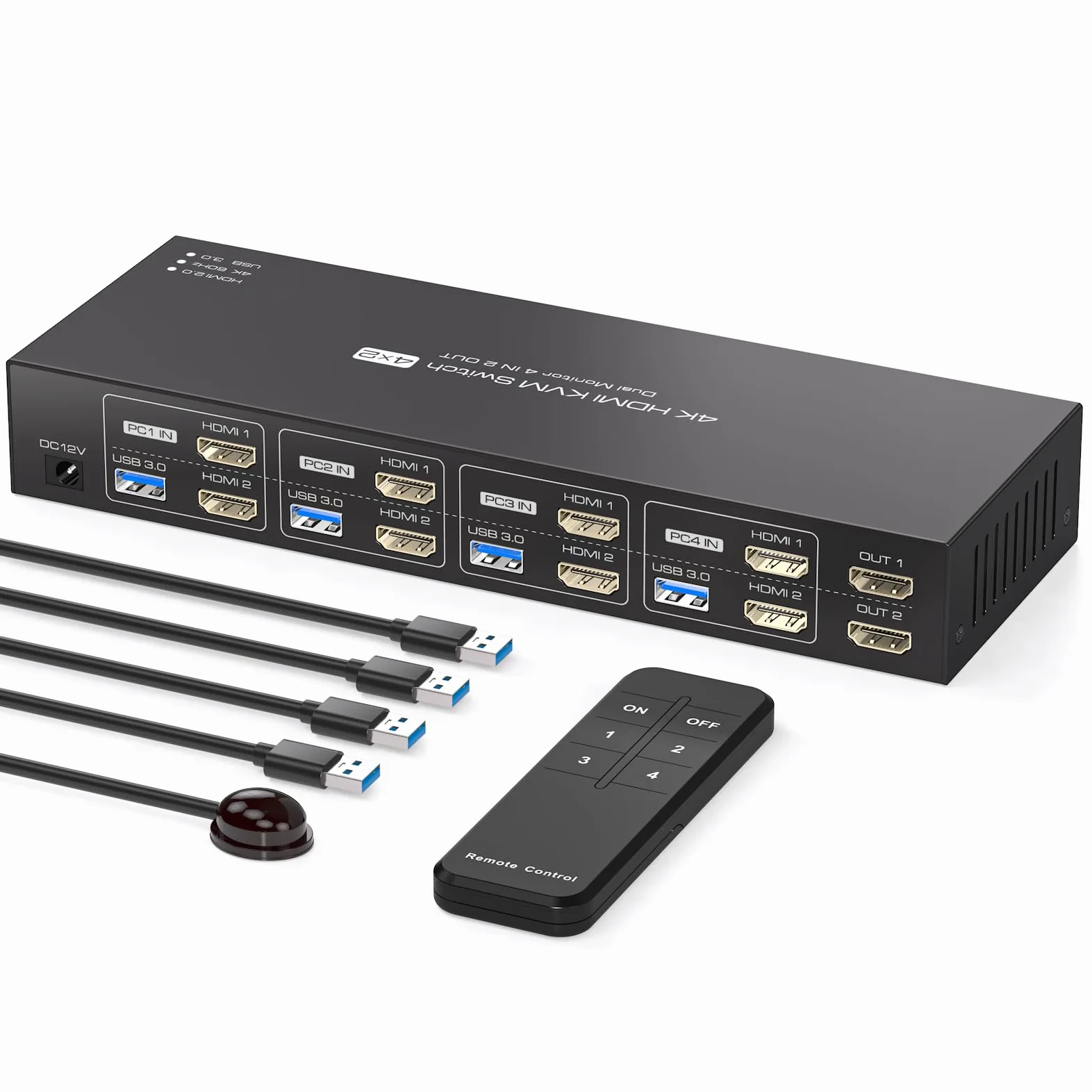 HDMI KVM Switch 4 PC 2 Monitor 4K60Hz Emulation Edid Commutateurs KVM 4 In 2 Out HDMI USB 3.0 Switch Pour 4 Ordinateurs 2 Moniteurs Et 4 Périphériques USB 3.0 Avec Télécommande IR