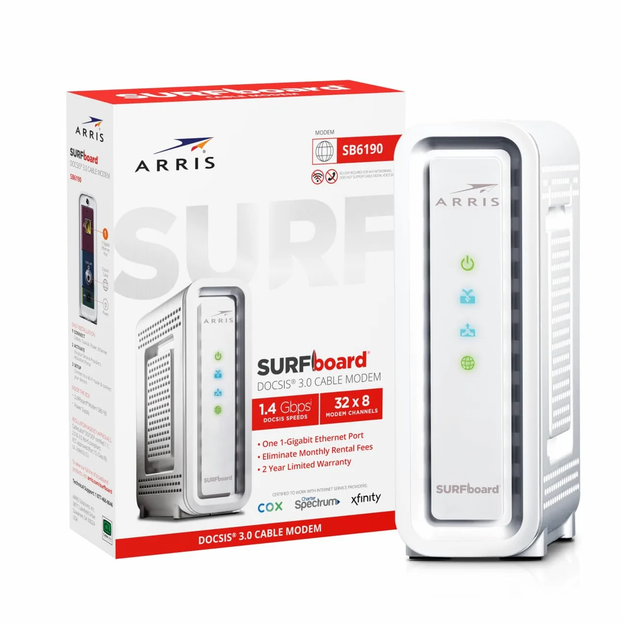 Arris SB6190 modem - Modems (1000 Mbit/s, 1400 Mbit/s, 0 - 40 °C, 5 - 95%, -40 - 70 °C, AC/DC)