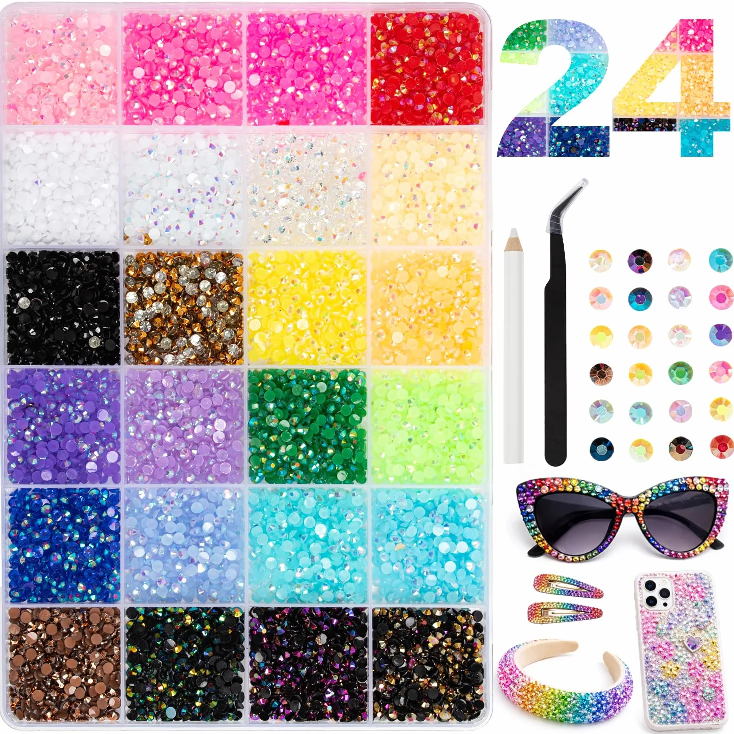 24 Couleurs Strass 30000+Pcs 3mm Flatback Bedazzling Kit avec Pince et Stylo AB Strass a Coller DIY Nail Art