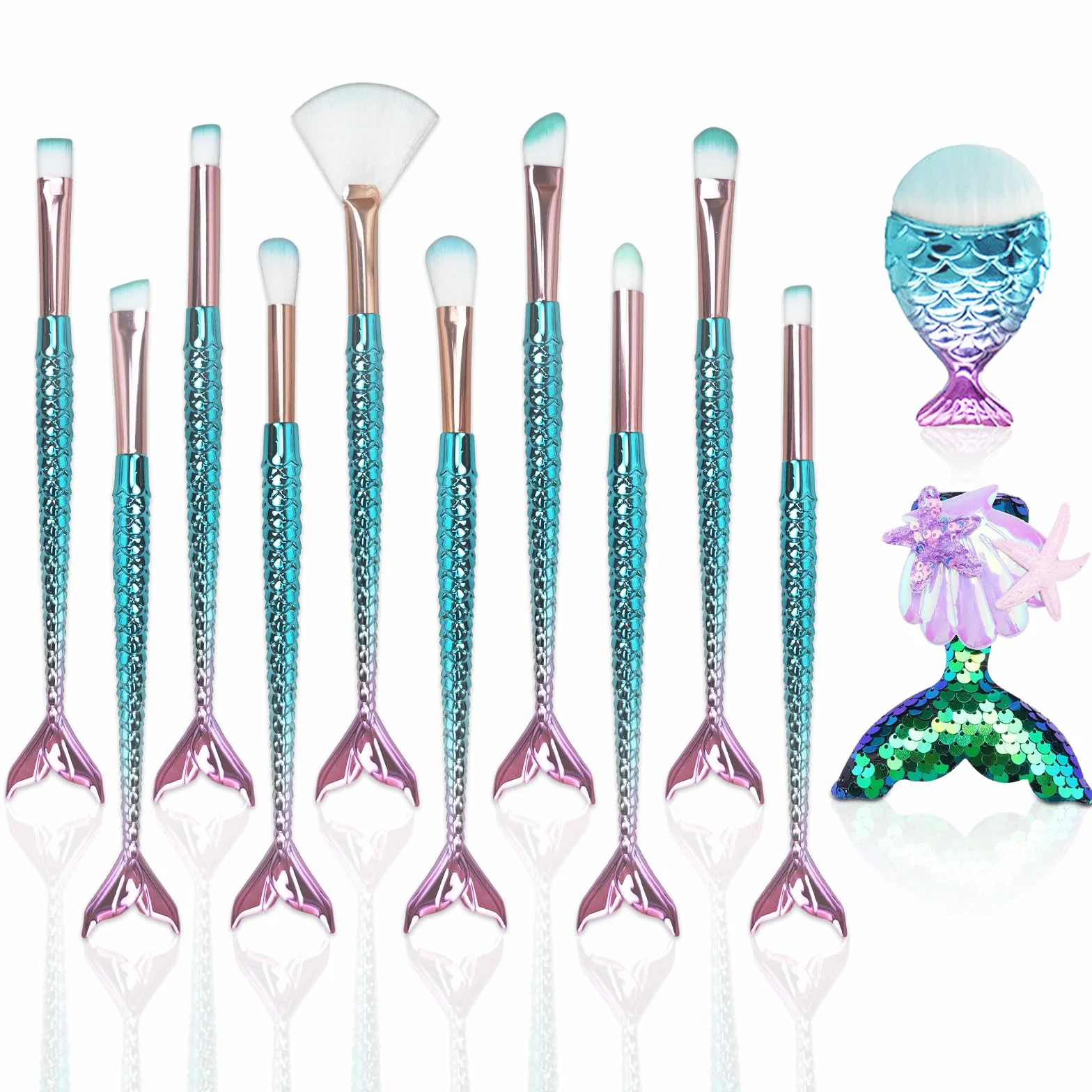Mermaid Maquillage Pinceaux Set 12 PCS avec barrette Brosse Cosmétique Nylon Fond de Teint Poudre Crème Sourcils Eyeliner Fard à Joues