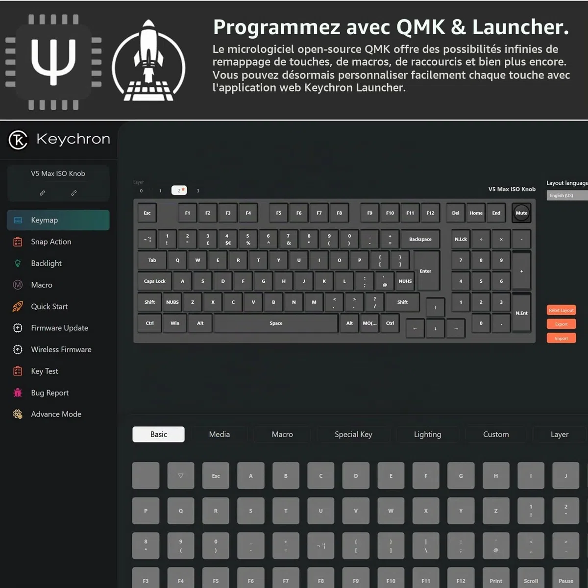 Keychron V5 Max Clavier Mécanique sans Fil Personnalisé, 2.4G Hz Bluetooth Cable Connection QMK/Via Programmable, Lumière RVB Hot-Swap Gateron Jupiter Rouge Switch pour Mac/Windows/Linux FR Layout