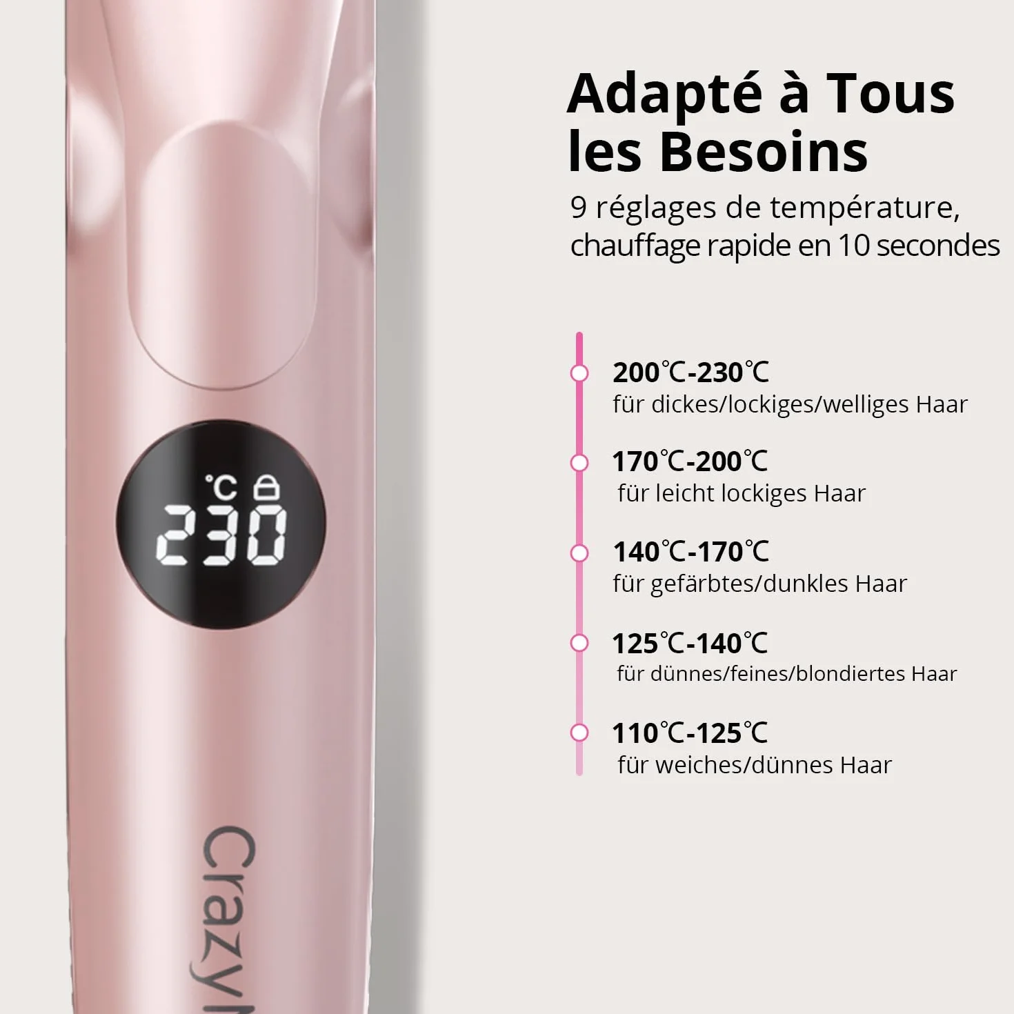 CrazyMar Lisseur à Air Froid et Boucleur Ionique 2-en-1 9 Températures 110℃-230℃ pour Cheveux Bouclés Lisses Appareil de Coiffure Rose