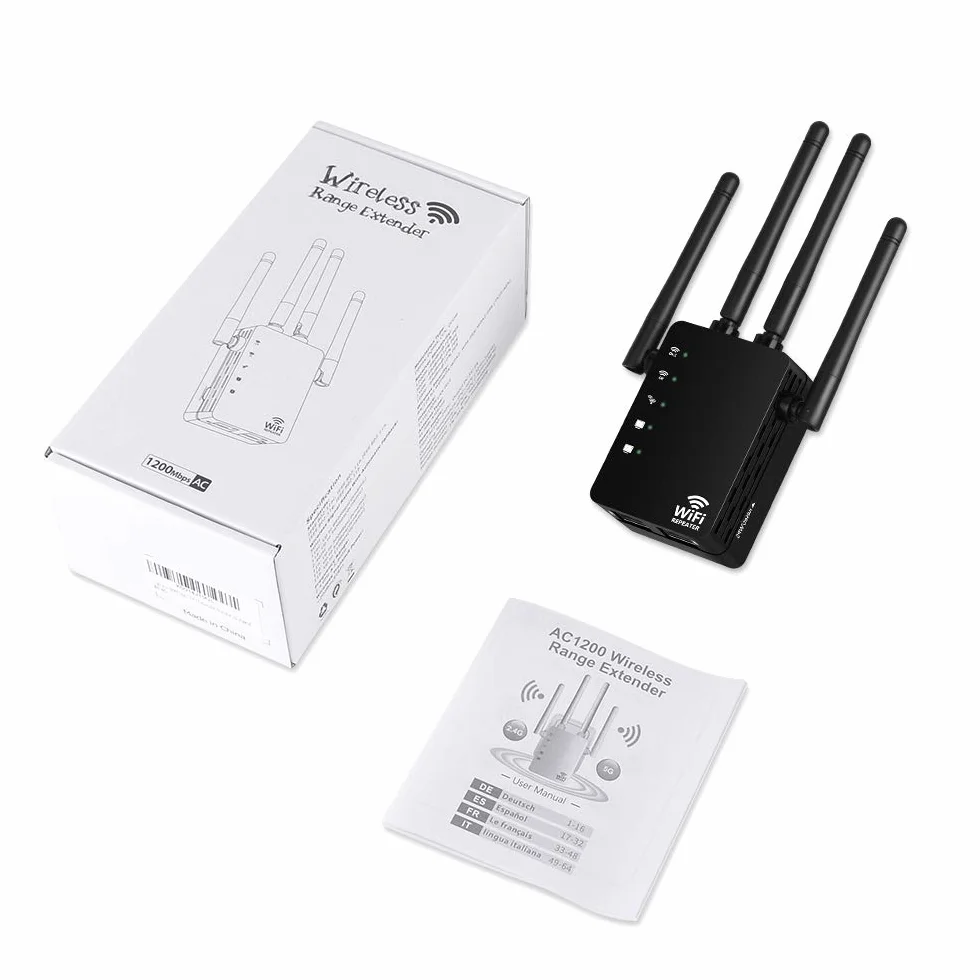 Répéteur WiFi AC1200 Double Bande 2.4GHz 5GHz 4 Antennes Externes 2 Port Ethernet 120㎡