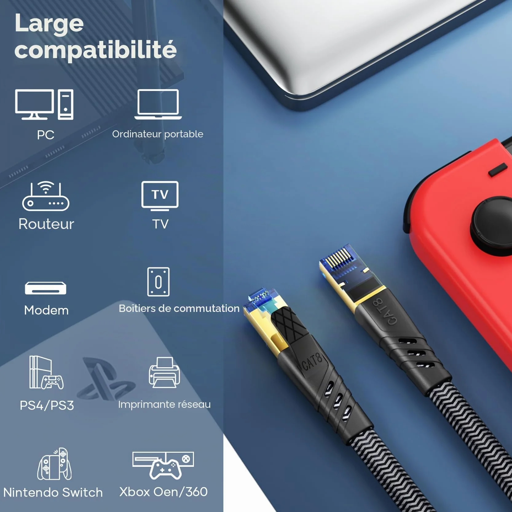 Cat 8 Câble Ethernet 5m, RJ45 Plat Nylon Tressé 40Gbps 2000MHz