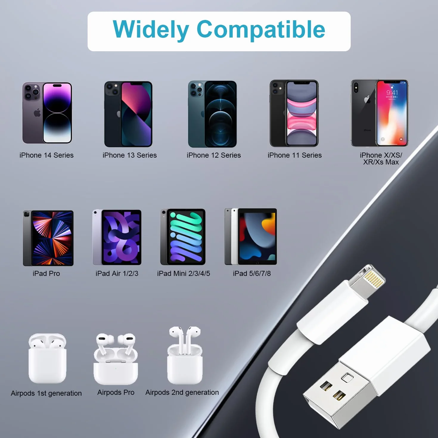 Câble Chargeur iPhone 2M Certifié Apple MFi USB Lightning Charge Rapide pour iPhone 14/13/12/11 Pro Max/XS/XR/X/8/7/6/5/SE/iPad