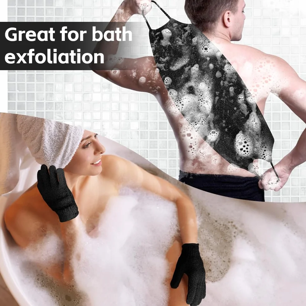 Vicloon Gants Exfoliants Douche 4PCS avec Sangle de Bain - Élimine Peaux Mortes Poils Incarnés Noir