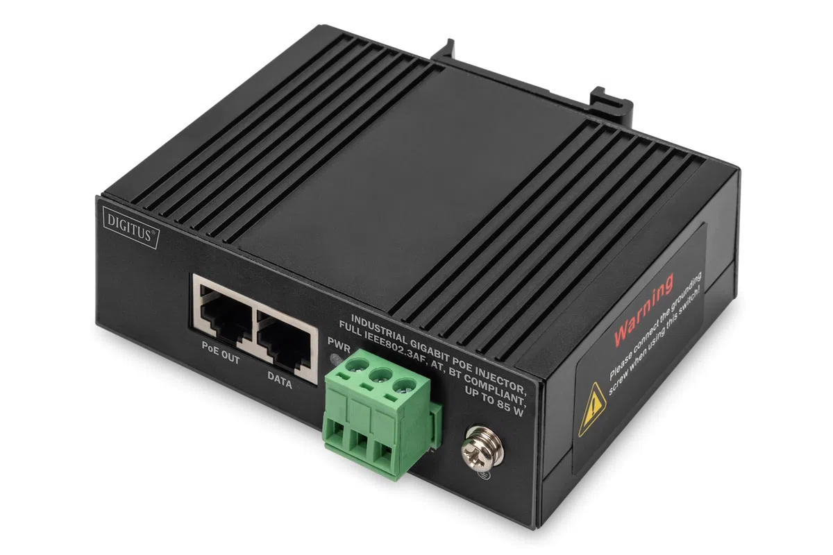 DIGITUS Injecteur Industriel Gigabit Ethernet PoE - 85W - 10/100/1000 Mbps - portée 100m - Montage sur Rail DIN - Noir