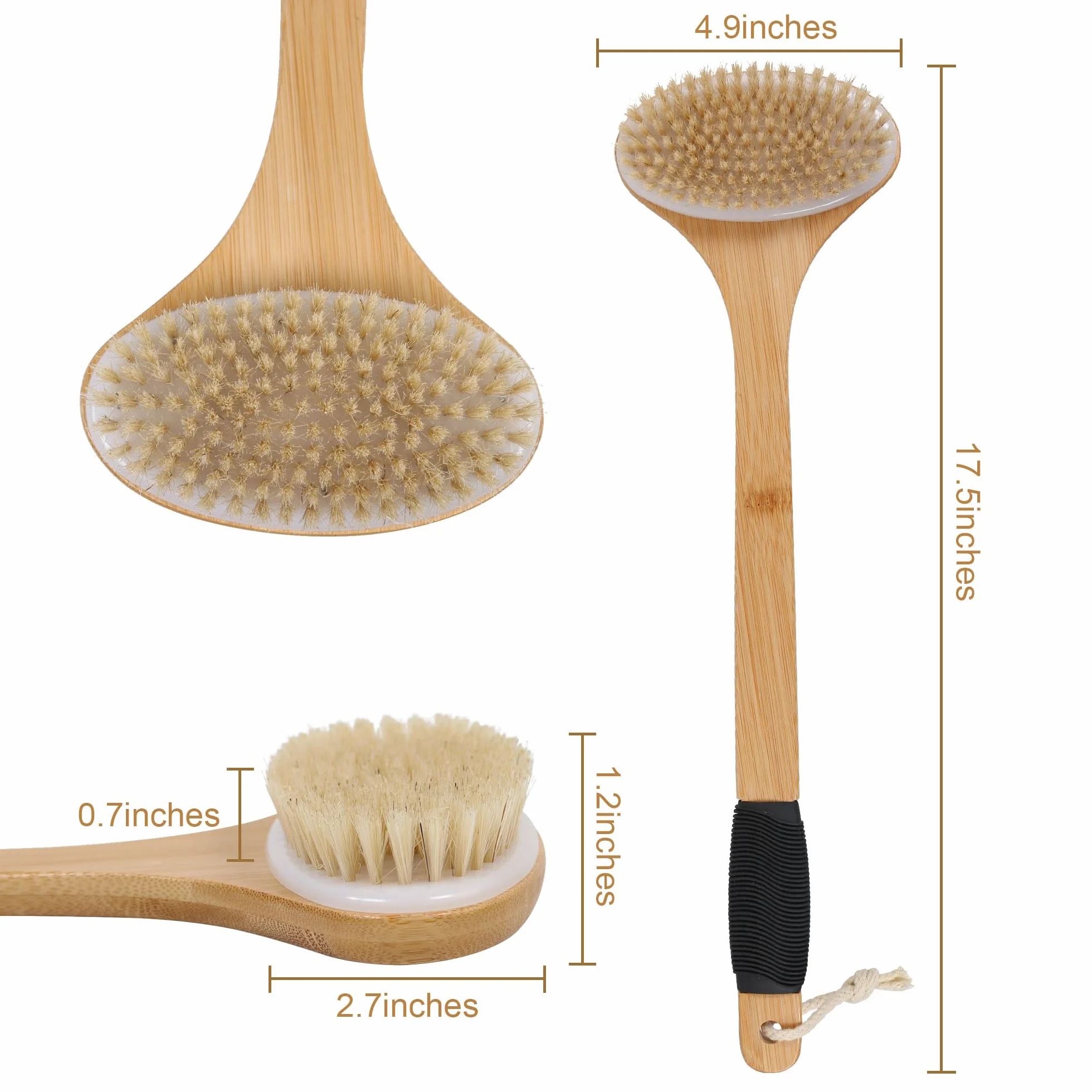Brosse à récurer pour le dos OWIIZI, poils de sanglier rigides, manche long antidérapant en bambou incurvé, nettoyage en profondeur