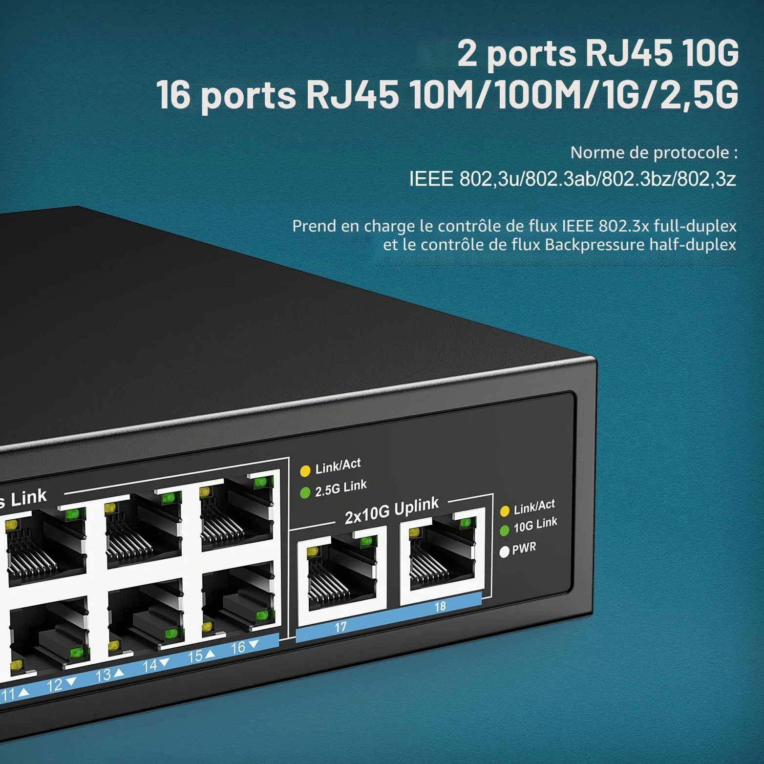 Switch Ethernet 16 Ports 2,5G + 2 Port 10GBASE-T, Vimin 16X 2,5G+2 Ports RJ45 10Gb Switch Non Géré, 2.5G Switch Capacité 120Gbit/s, Commutateur 2,5G/10G Réseau de Bureau/Mural pour NAS, PC, AP