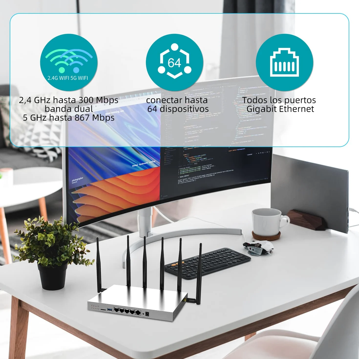 (WG3526) Routeur sans fil 4G LTE AC1200 Dual Band Cat 6 Gigabit WiFi 4G avec boîtier métallique industriel/antennes externes amovibles 6×5dBi /emplacement pour carte SIM, port USB 3.0