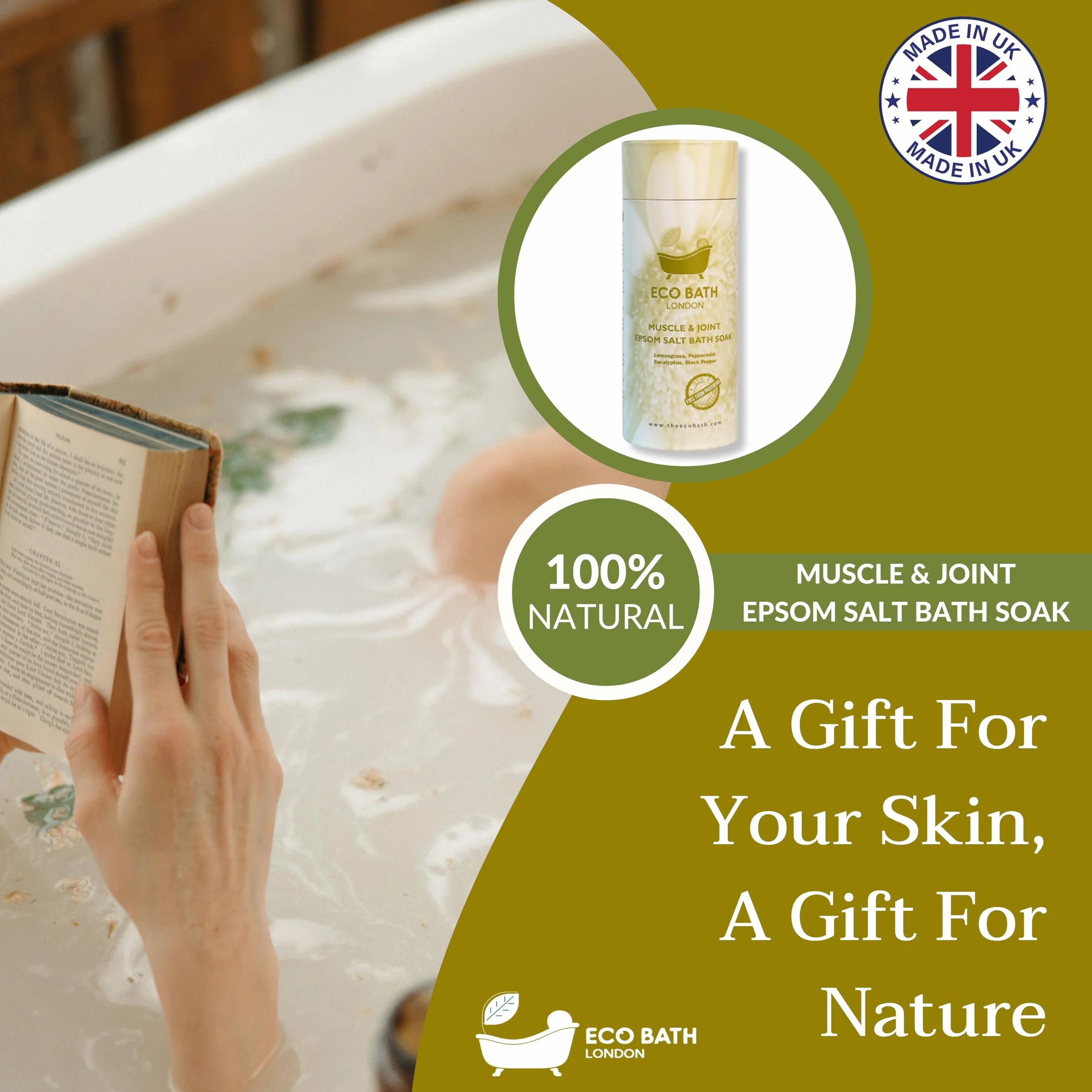 Eco Bath London Sel d'Epsom pour muscles et articulations 1 kg - Sel de bain musculaire aux huiles essentielles de néroli, géranium et camomille