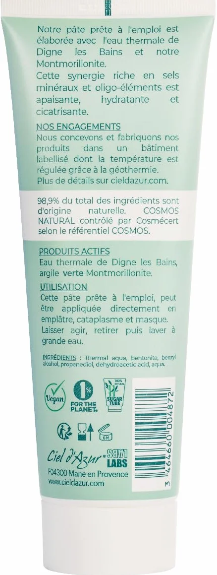 Ciel d'Azur Labs Pâte d'Argile Verte à l'Eau Thermale Tube 250ml Cosmos Natural