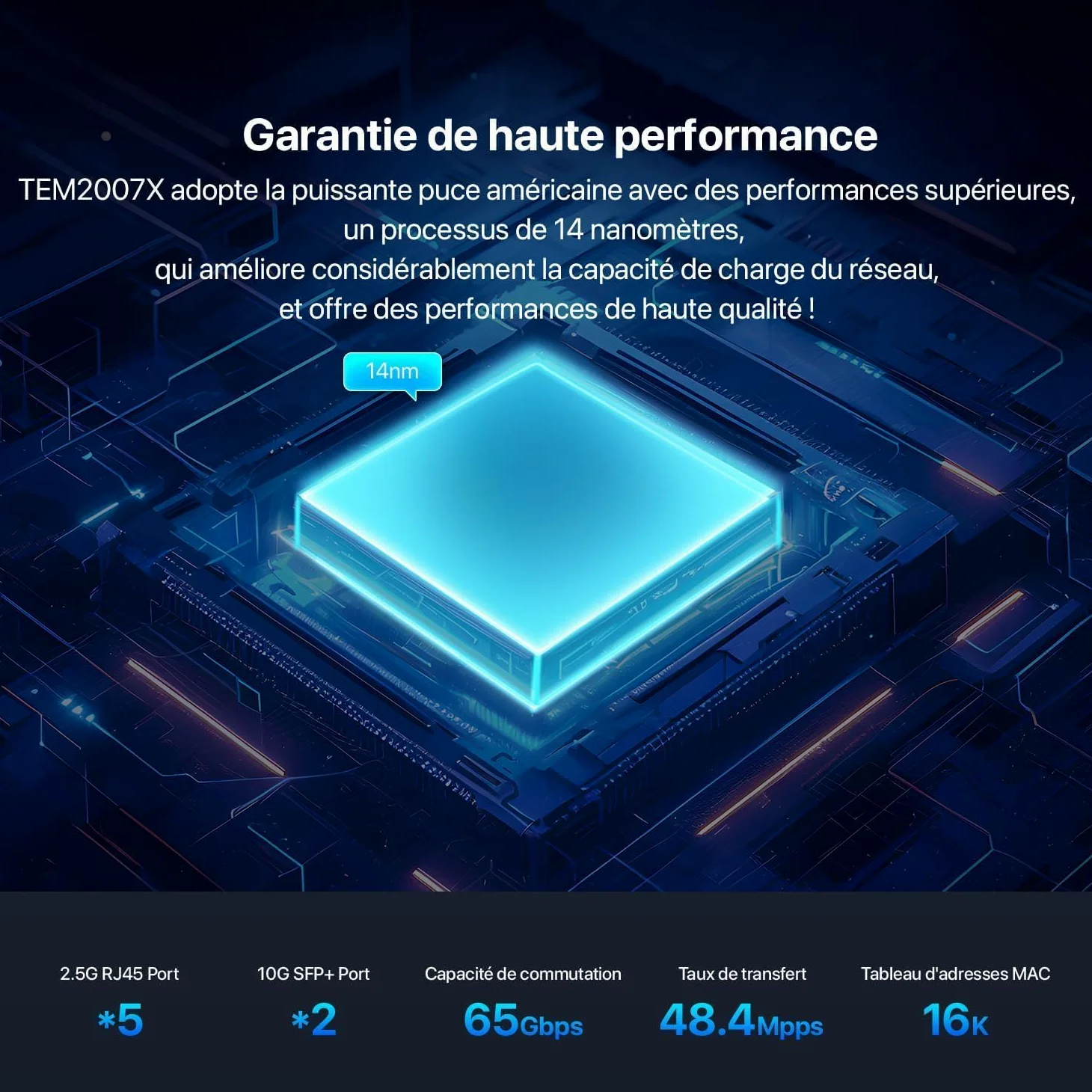 Tenda TEM2007X Switch 2.5G 5 Ports (2 SFP+ 10G, Non Géré) | Switch Ethernet 2.5G 5 ports + 2 SFP+ 10G, VLAN, agrégation statique, plug & play, métal, noir