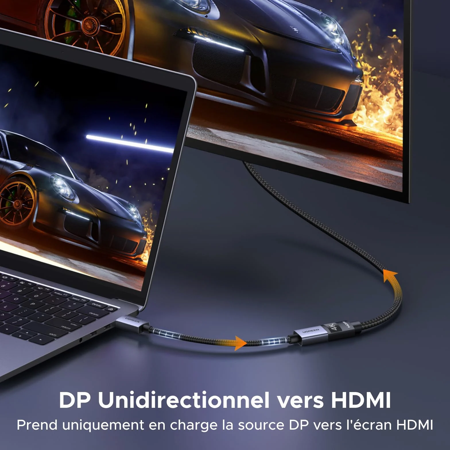 UGREEN Adaptateur DisplayPort vers HDMI 4K 30Hz 2K 60Hz Convertisseur DP Mâle vers HDMI Femelle Nylon Tressé
