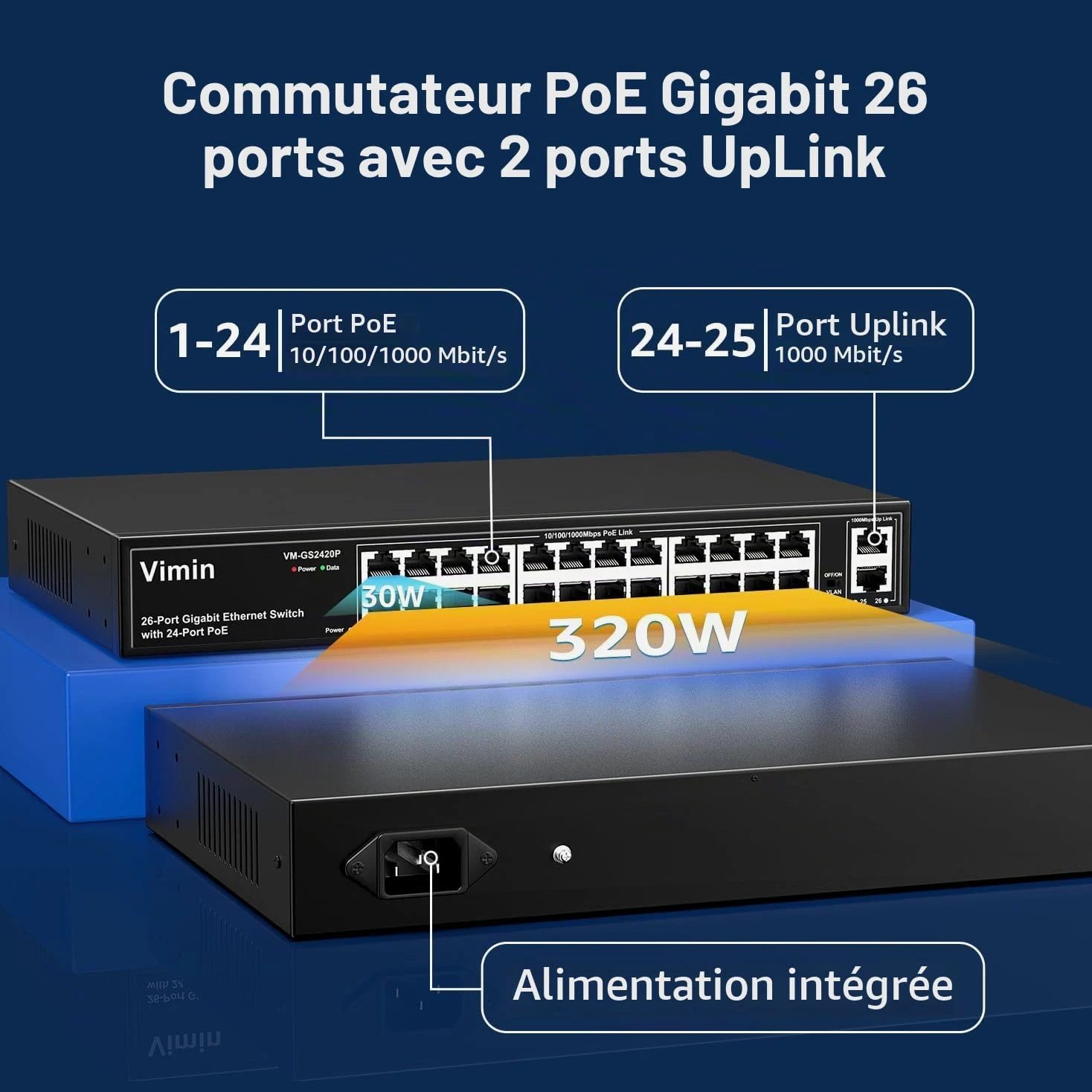 VIMIN Commutateur PoE Gigabit 24 Ports avec 2 Ports Montants Gigabit, Commutateur Ethernet PoE Non Géré 26 Ports avec Une Puissance de 320W, Prise en Charge de IEEE802.3af/at, VLAN, Boîtier en Métal