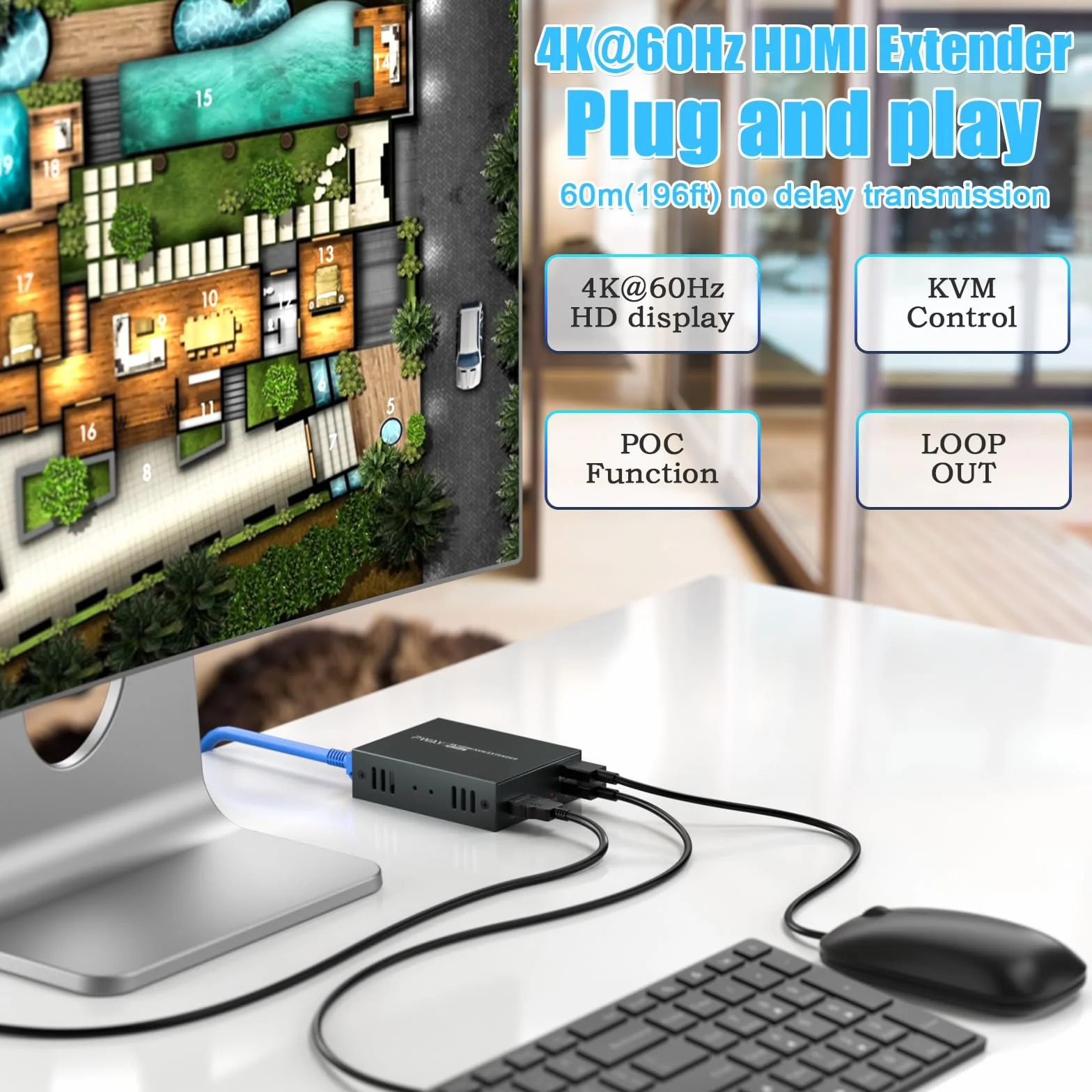 Extendeur KVM HDMI 4K 60Hz RJ45 Cat5/6/7 50m Noir