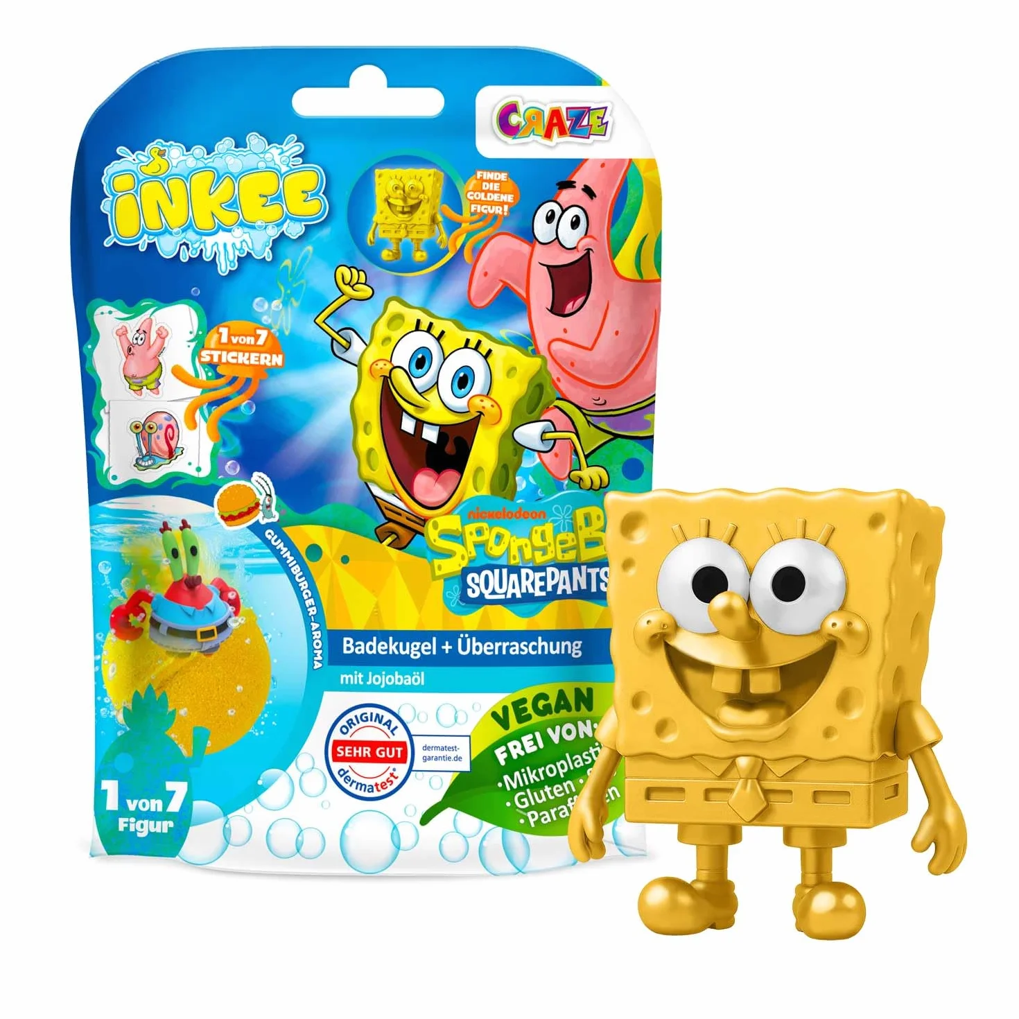 INKEE Bob l'Éponge GOLD EDITION Boule de bain surprise Figurine collection Tatouage enfant Parfum Pastèque 100g