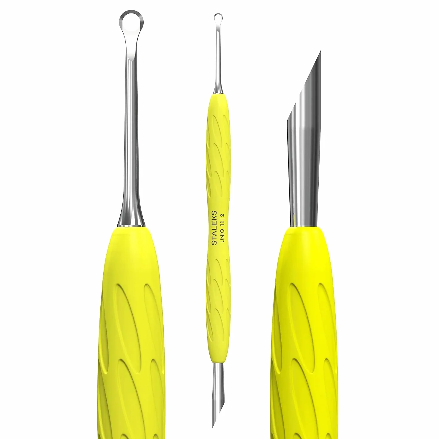 Staleks UNIQ PQ-11/2Y poussoir cuticules double professionnel manche silicone jaune acier inoxydable stérilisable