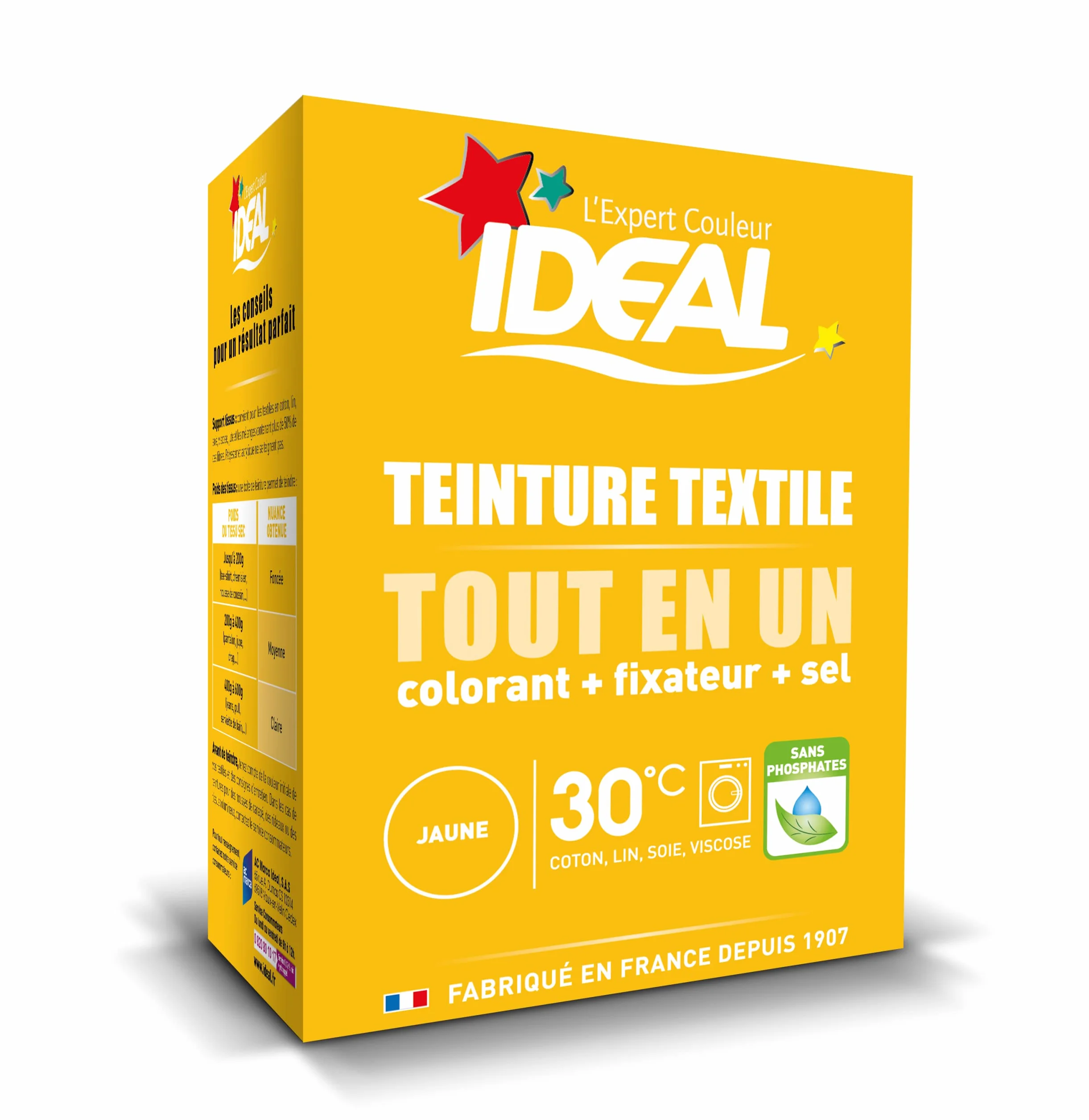 IDEAL Kit Teinture Tout en Un Mini Jaune 230 g Colorant Fixateur Sel Teinture Textile Longue Tenue Coton Lin Soie Viscose