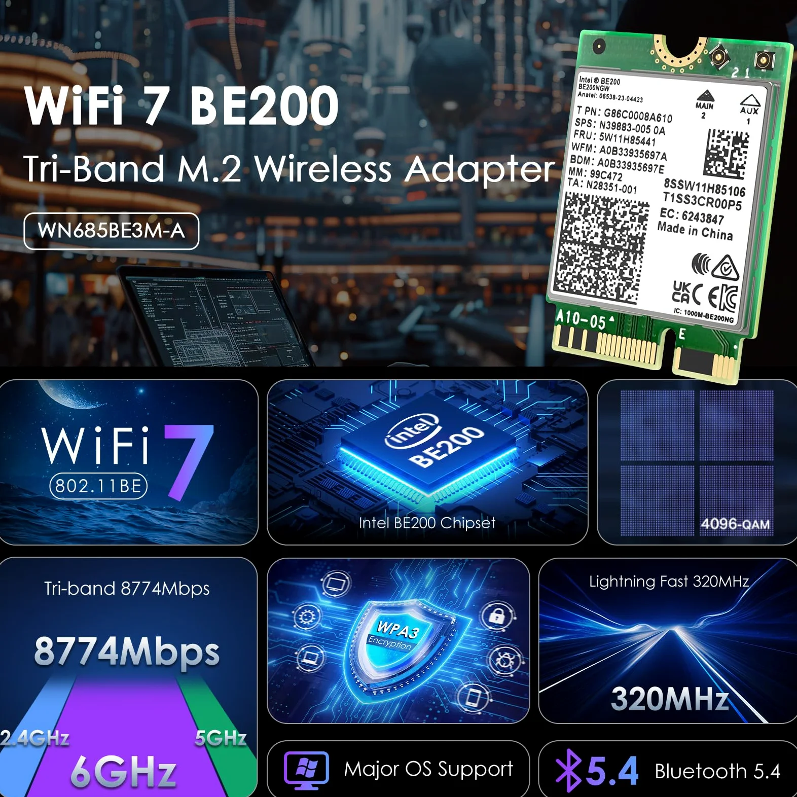 WAVLINK WiFi 7 Carte WiFi, 8774Mbps Tri-Band BE200 M.2 NGFF Network Module with Bluetooth 5.4, MU-MIMO, WPA3, Support Windows 10/11(64-bit) Laptop, Non Disponible pour Les Cartes mères AMD