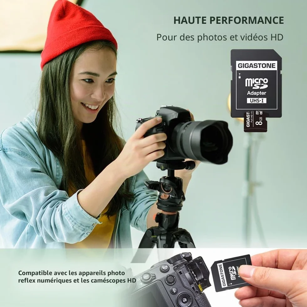GIGASTONE Carte Mémoire Micro SDHC 8 Go Lot de 2 U1 C10 Haute Vitesse Compatible Android Gopro Samsung