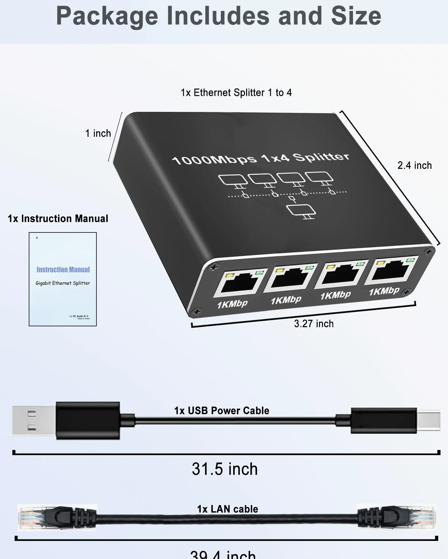 LIEZHUA Répartiteur Ethernet 1 vers 4, 1000 Mbps haute vitesse Ethernet avec câble LAN Cat 6 [4 appareils réseau simultané], extension de réseau LAN Gigabit RJ45 pour câble Cat8/7/6/5e/5