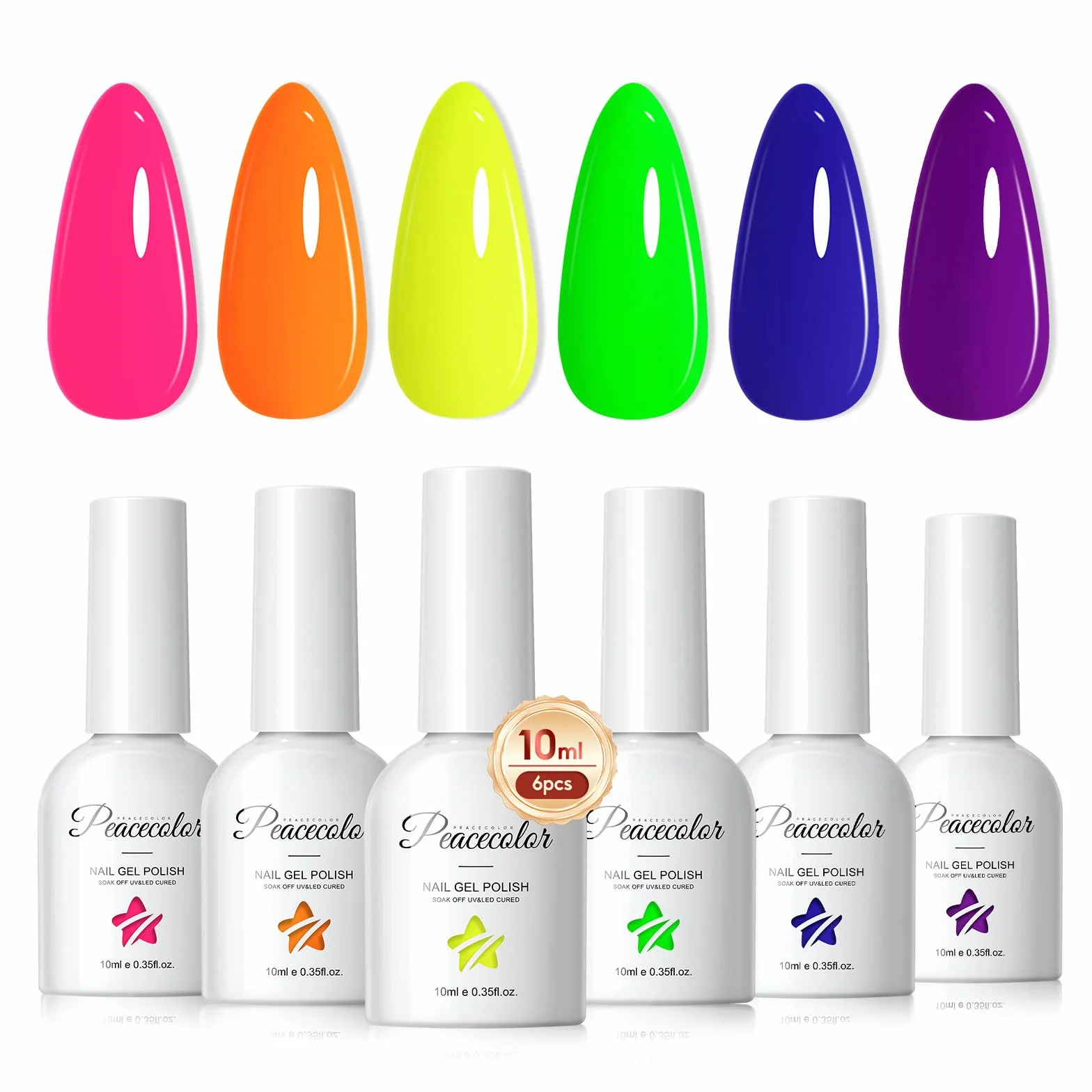 PEACECOLOR Vernis Semi Permanent Néon 10ML 6 Couleurs Rose Orange Jaune Vert Bleu Pourpre Gel UV Soak Off Nail Art Manucure