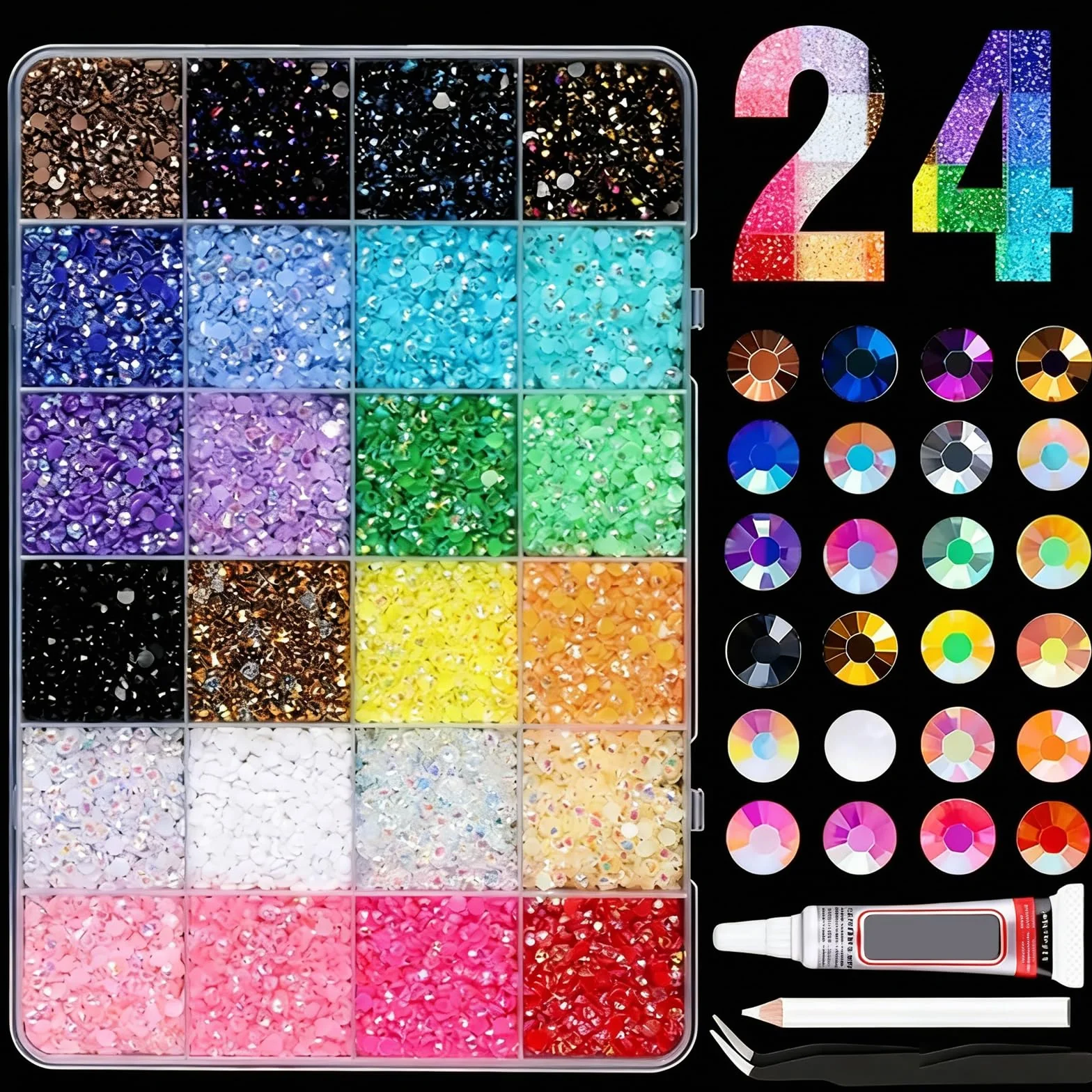 Lot de 20 000 pierres à paillettes, 24 couleurs, avec colle, pour ongles, travaux manuels et décoration DIY